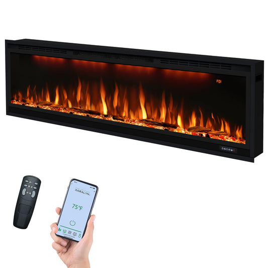 60 inch Smart Linear Electric Fireplace, Recessed and Wall Mounted Fireplace Inserts with Remote Control, Adjustable Flame Color, Lights, Temperature, Overheating Protection& Timer, 750W/1500W, Black