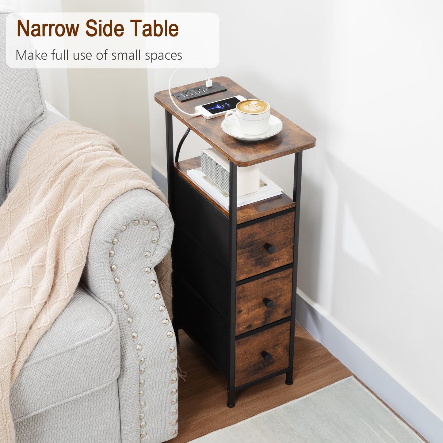 LOAKEKEL Narrow End Tables Living Room Set of 2 with Charging Station, Skinny Side Table with Fabric Drawers, Slim Nightstand for Bedroom, Small Spaces, Couch, Brown, HETNDP03BR