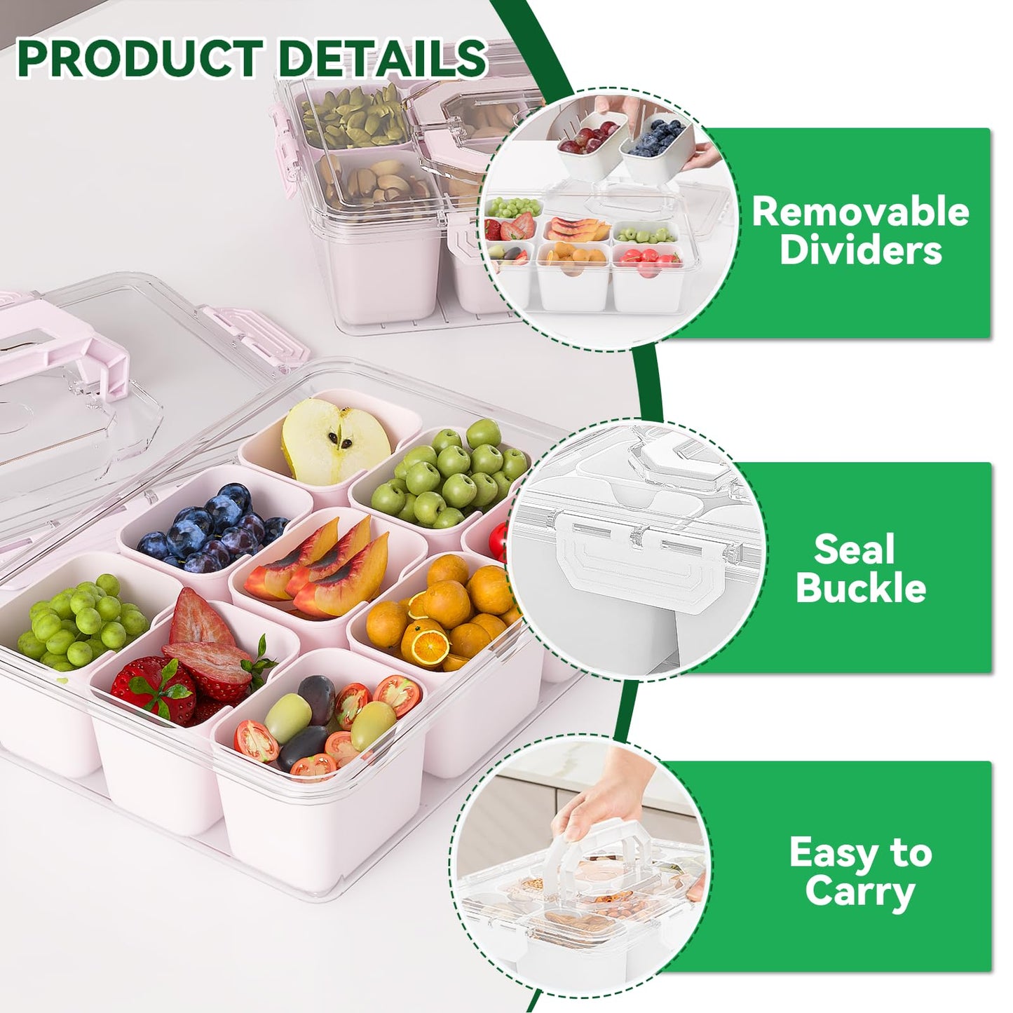 REBECAT Divided Serving Tray with Lid and Handles 9 Compartments Snack Box Container Charcuterie Organizer Snackle Box Container for Candy,Nuts，Fruits,Snacks,2 Pack,Pink