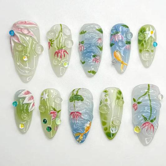 NEWSPIED Medium Almond Press on Nails Spring Summer Fake Nails with 3D Floral Koi Fish Lotus Designs Glossy Blue Green False Nails Cute Full Cover Artificial Acrylic Nails for Women DIY 24Pcs