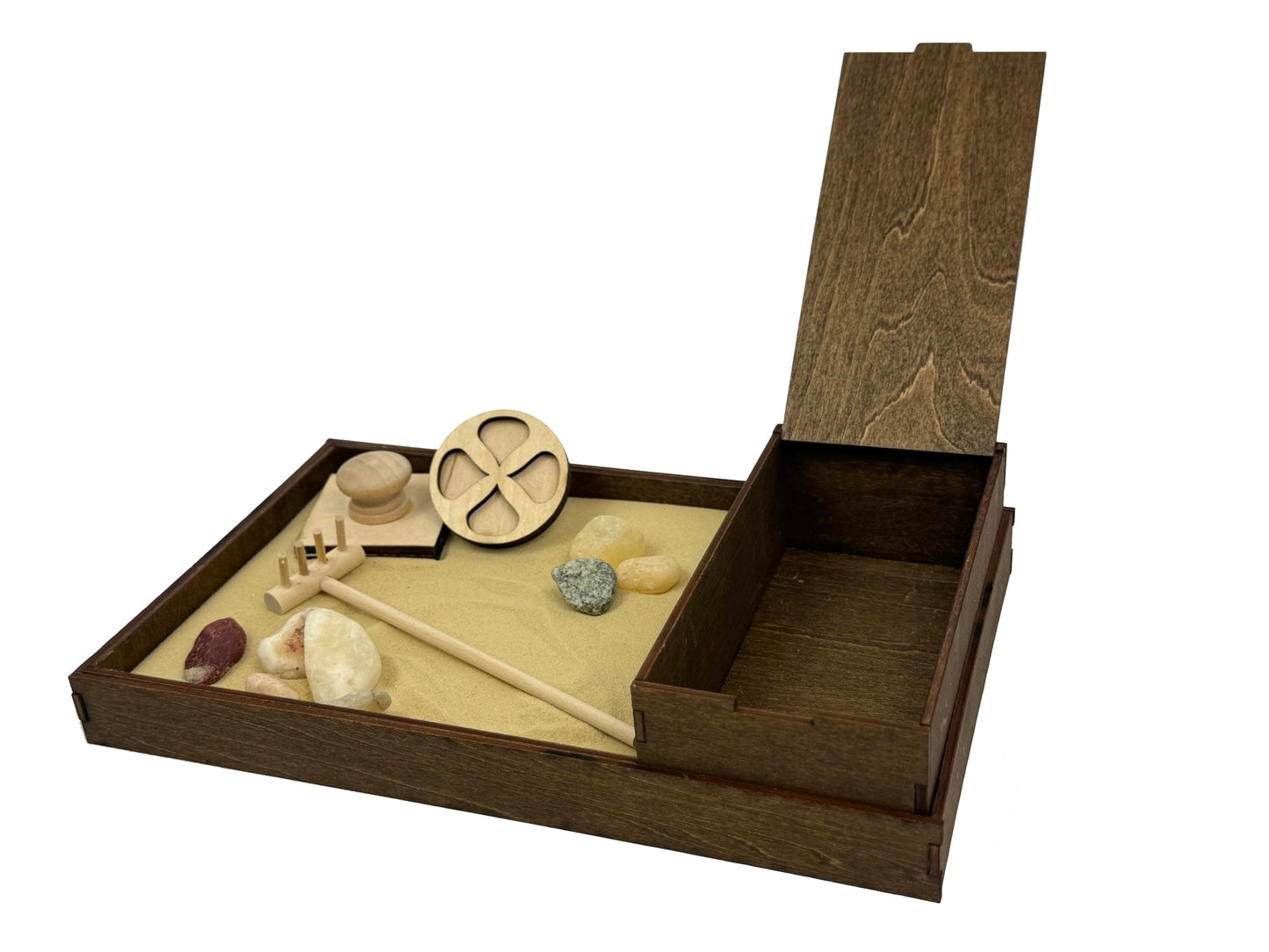 Wooden Zen Garden with Storage Box | Desert Luxe Sand with Rake & Accessories | Minimalist Decor Gift for Relaxation