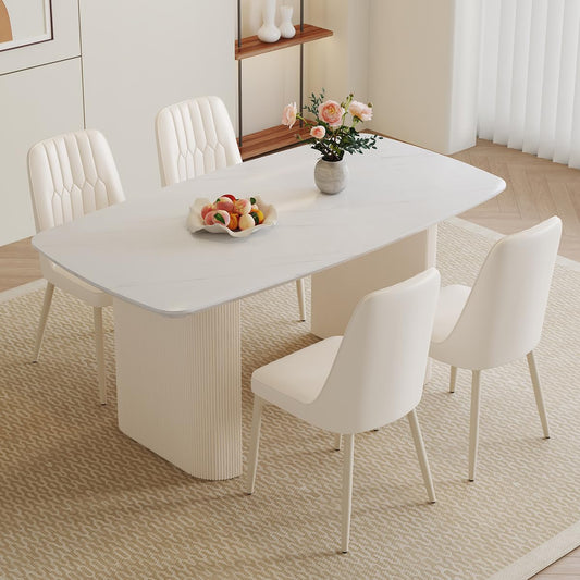 Ebullient 67'' White Dining Table Set for 4, Kitchen Table Chairs Set with Sleek Ripple Pedestal Base, Modern Dining Table Set with 4 Metal Leg Chairs, Ideal for Dining Room, Living Room, Saving Space