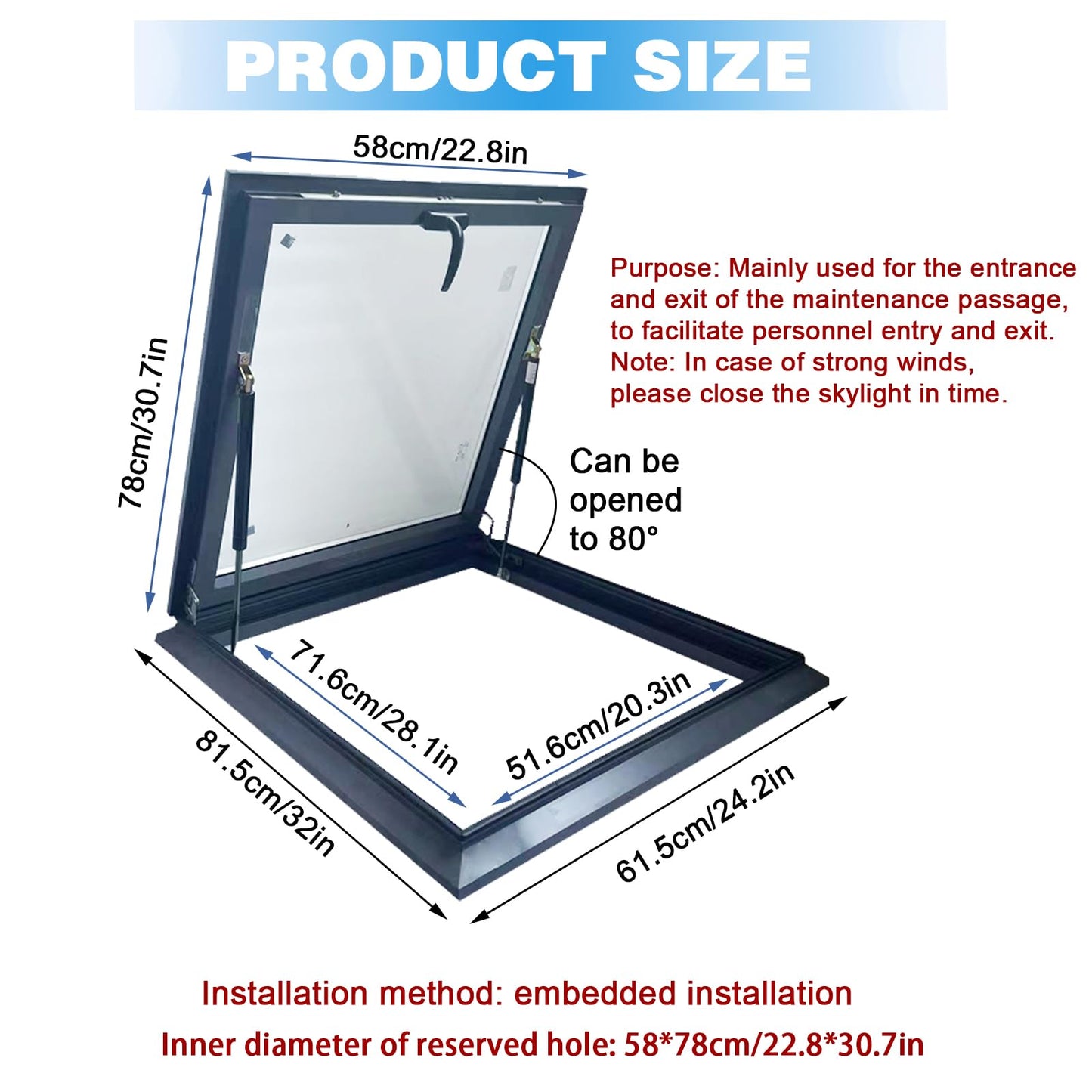 Skylight Roof Window, Tempered Glass Skylight Cover, Aluminum Alloy Frame & Hydraulic Rod, Egress Roof Window with Double-Layer Tempered Glass, for Roof, Attic, Basement, Sun Room(22.8*30.7in/58*78cm)