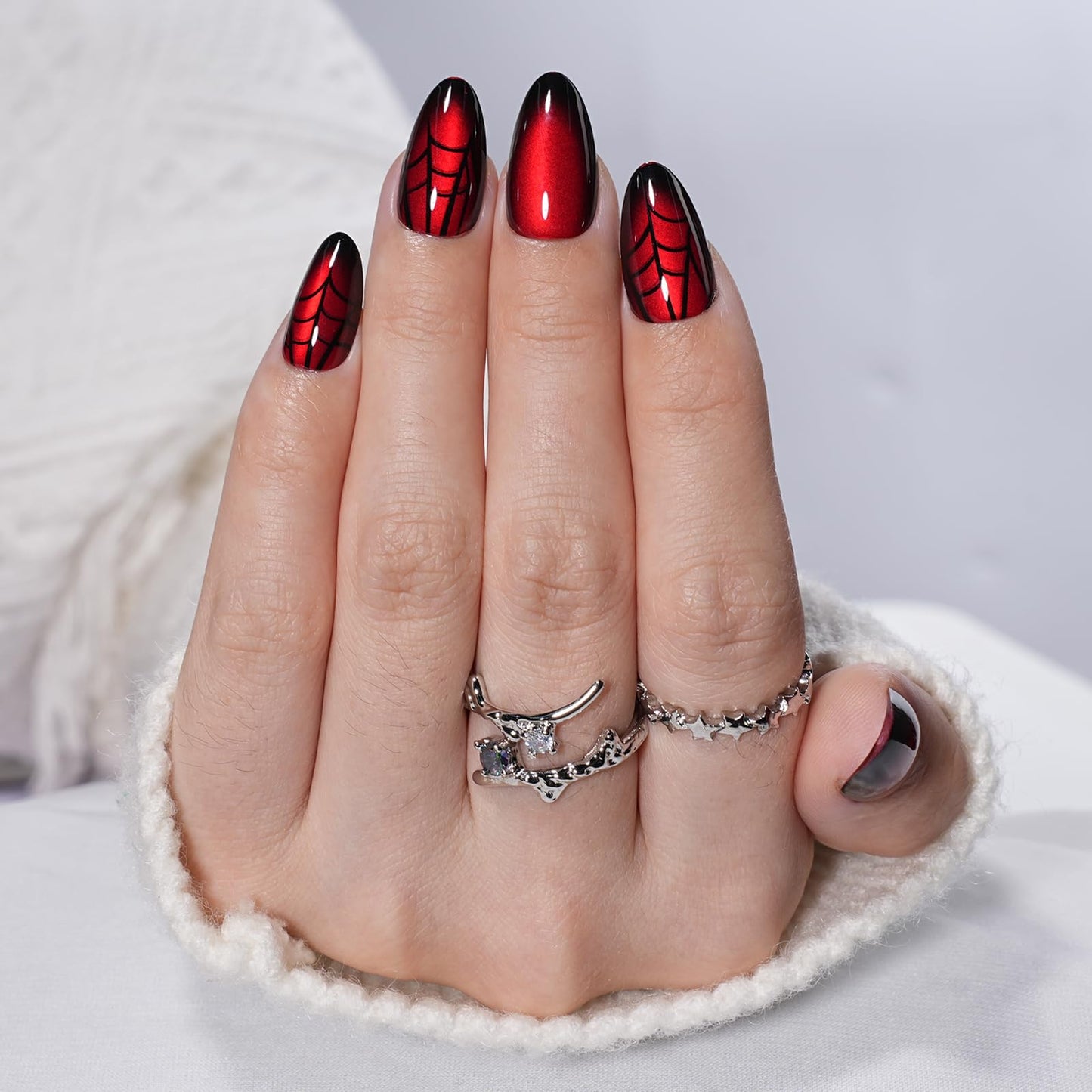 Sifvoo Red Spider Web Cat Eye Press On Nails Short Almond, Glossy Reusable Press On Nails for Women, 32 Count 16 Sizes Nail Kit with Glue (SV-10)