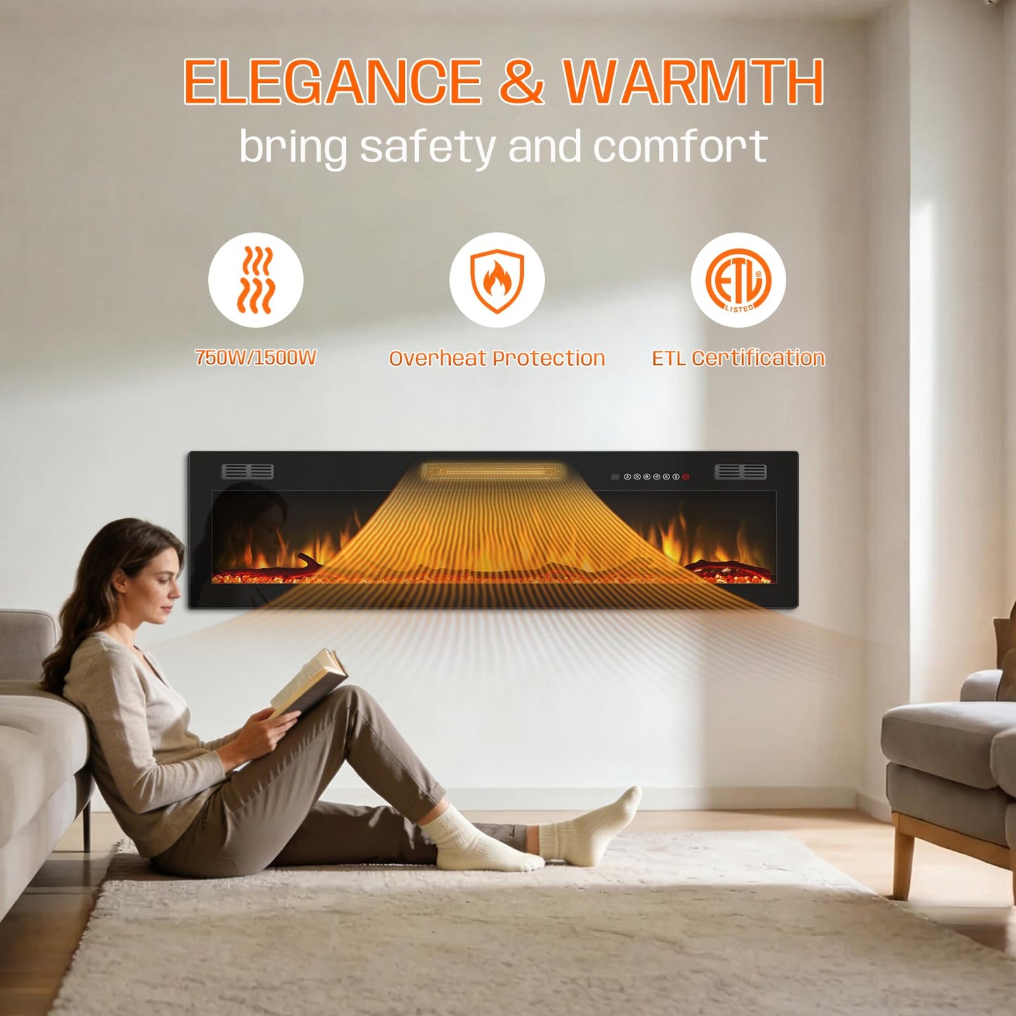 Tornivk 72 Inch Electric Fireplace Heater,Wall Mounted/Recessed Electric Fireplace Insert,Ultra-Thin 750/1500w in Wall Fireplace Electric with Remote Control,Logs,Crystal for Bedroom,Livingroom