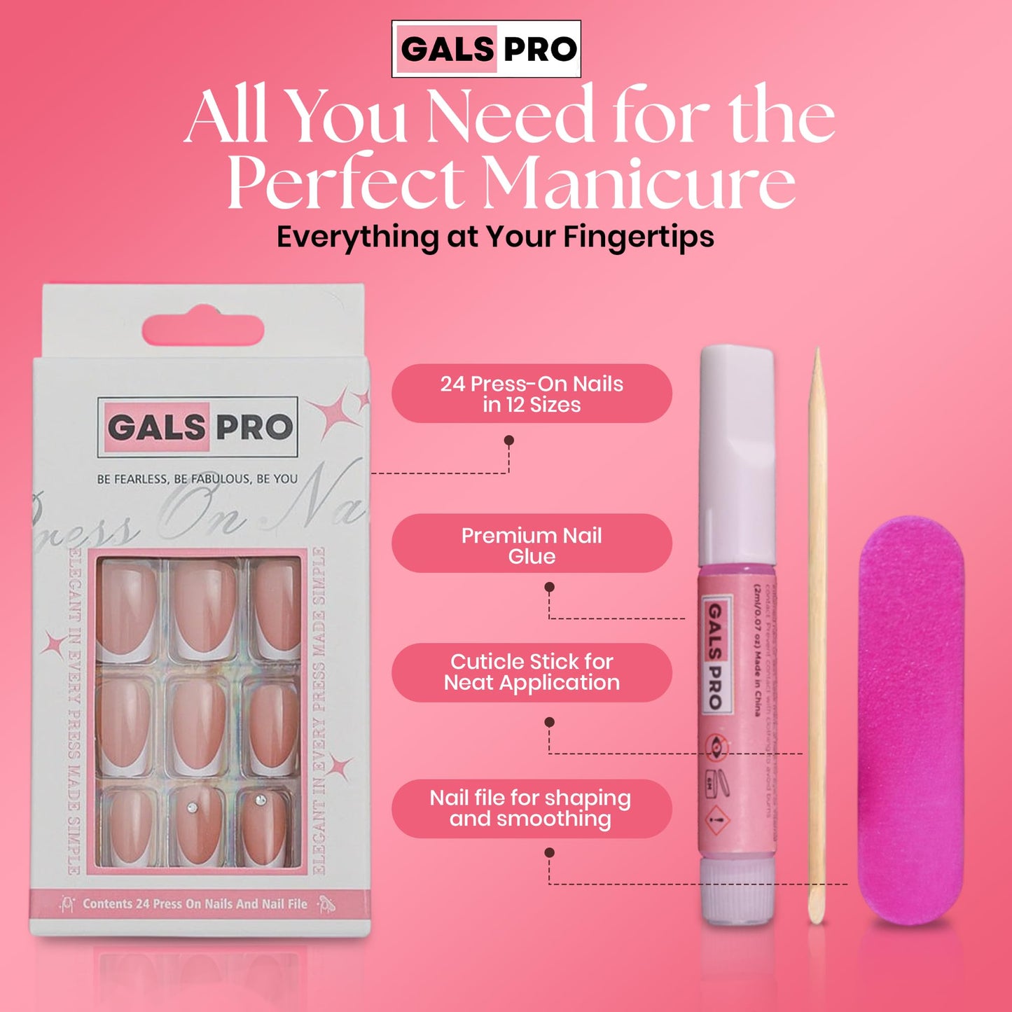 GALSPRO Short Press on Nails - Set of 24 Fake Nails with Designs in 12 Different Sizes for Perfect Fit, Cute False Nails Kit for Women with 0.07oz Nail Glue (FEMININE GLOW SQUARE SHAPE, Short)