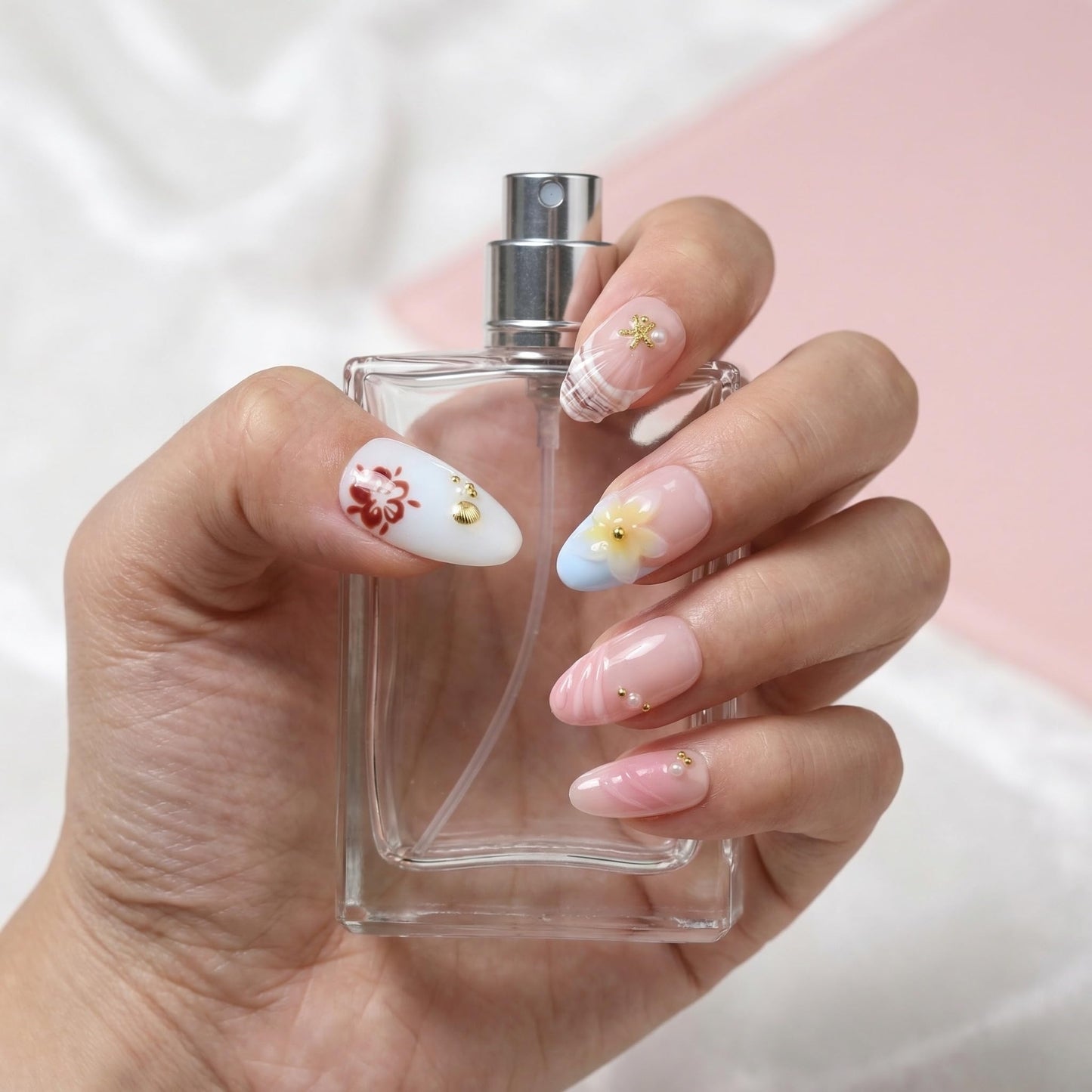 10Pcs Short Almond Handmade Press On Nails | Easy Apply & Remove, Reusable Salon Quality Nails | Fresh Nude Pink Fake Nails with 3D Floral, Starfish & Seashell Accents (RR08, M)