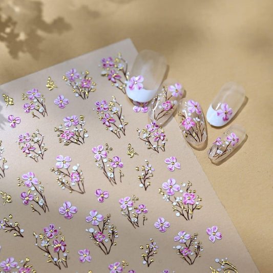 Flowers Nail Stickers 5D Embossed Purple Nail Art Stickers Self-Adhesive Spring Summer Nail Decals for Women Girls DIY Manicure 1 Sheet