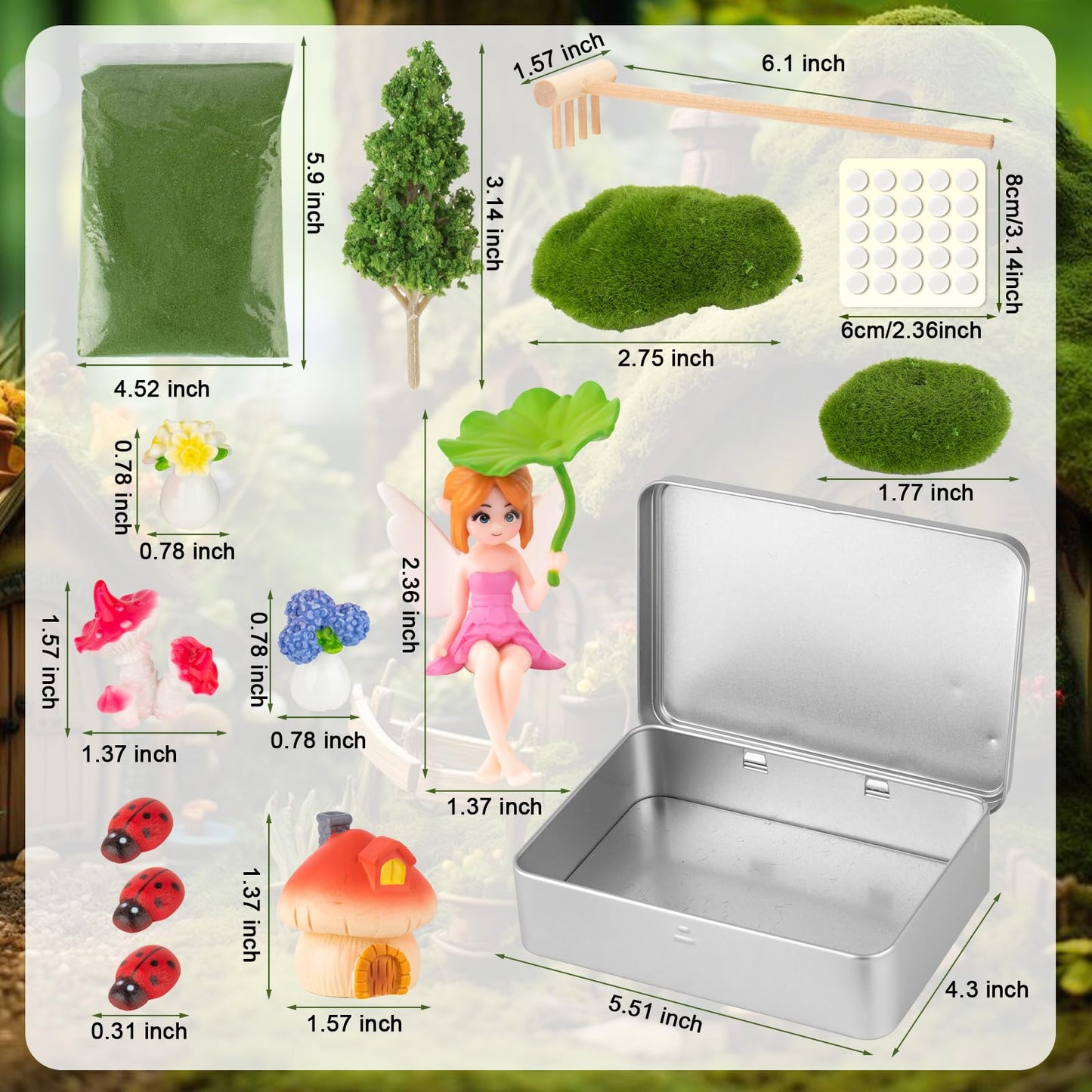 Zen Garden Kit for Desk Decor, Mini Zen Sand Garden with Tina & 1 Rake, Green Sand & 11 Accessories, Japanese Gifts for Meditation Room Office Home (Fairy Style)