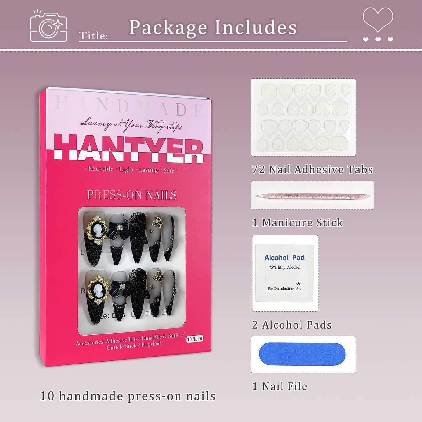 Hantyer Gothic Press on Nails, Long Stiletto Matte Nails, Baroque Cameo & 3D Camellia Design Salon Quality, Reusable Nails with Bow Steel Beads Accents, Dark Princess Style for Women(Size M)