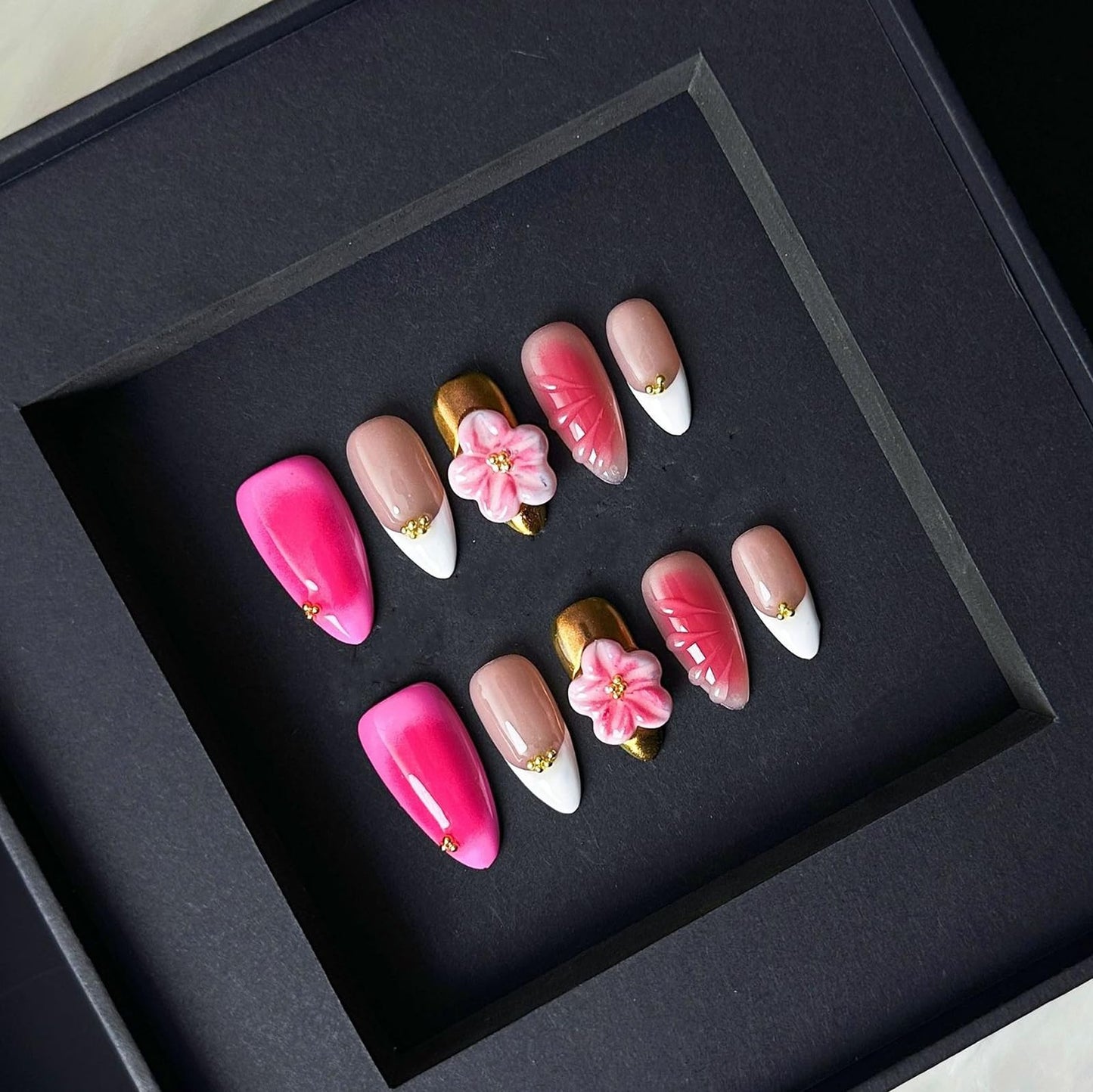 Luxury Press on Nails Medium Almond Handmade 3D Unique Reusable ABS Material Fake Nails White French Tip False Nails with Designs Pink Flower Art Petal Glossy Glue on Nails Thick Acrylic Nails(S)