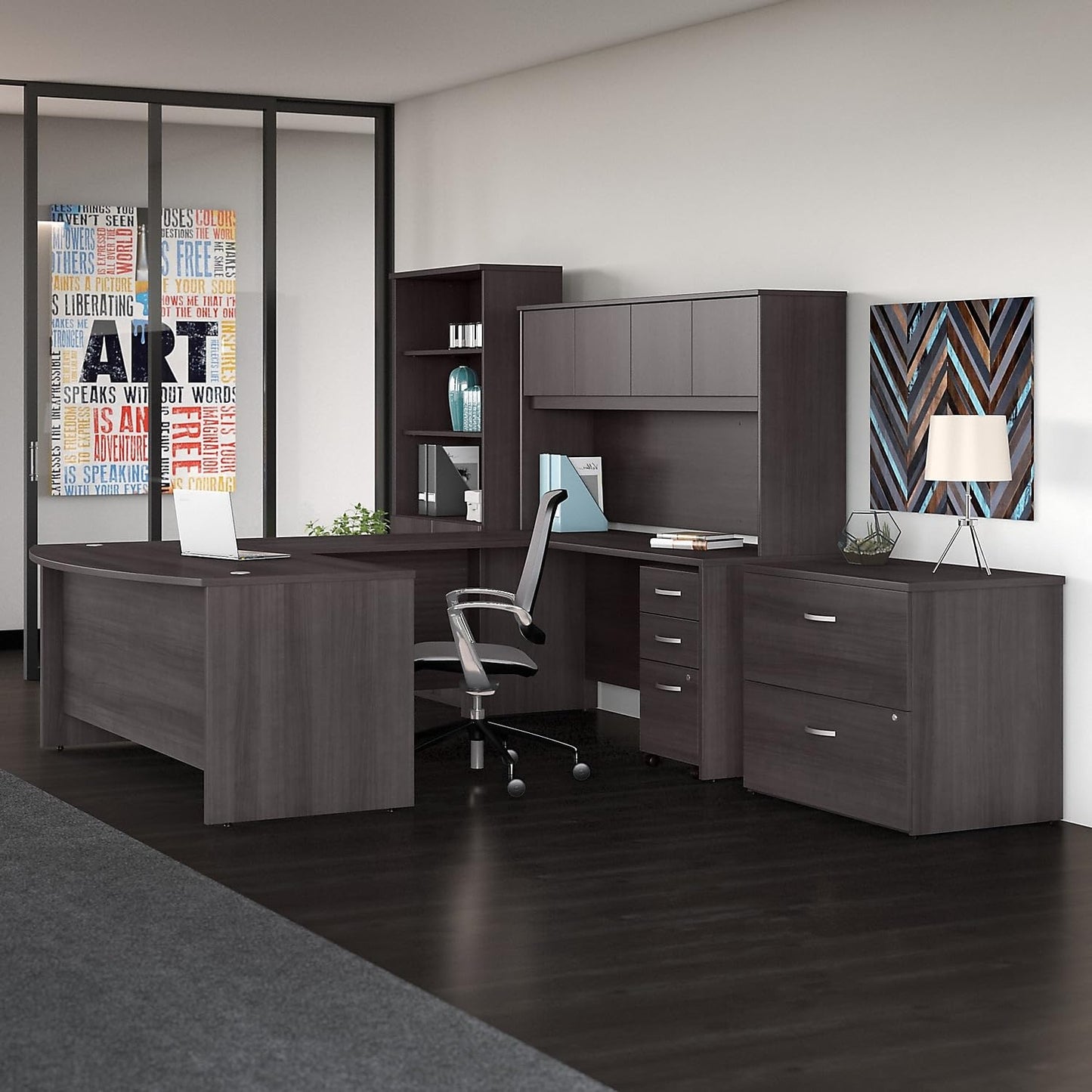 Bush Business Furniture Studio C 72W x 36D U Shaped Desk with Hutch, Bookcase and File Cabinets in Storm Gray