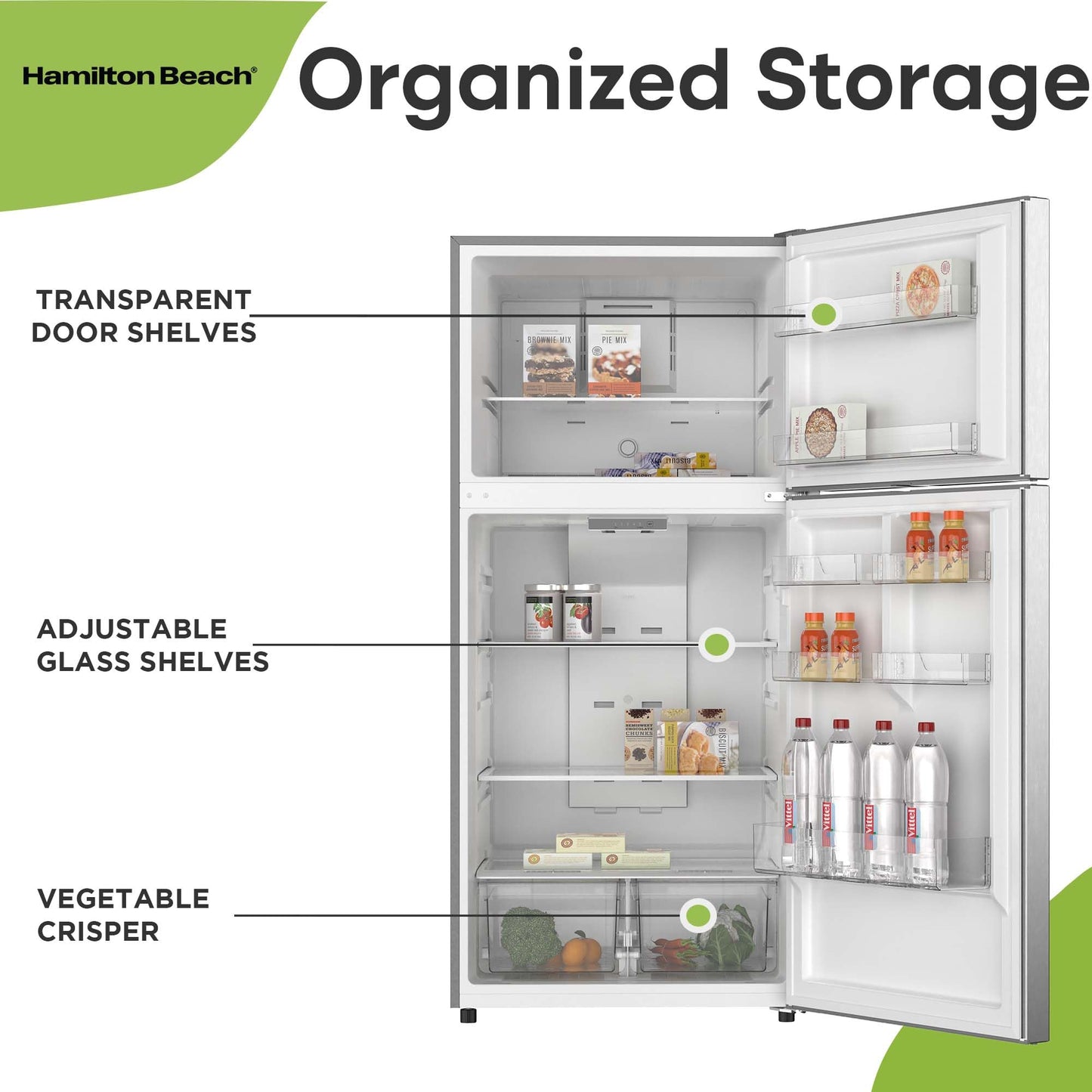 HAMILTON BEACH, Frost Free Top Mount 2 Door Apartment Size Refrigerator with Freezer, STAINLESS, 18 CU FT