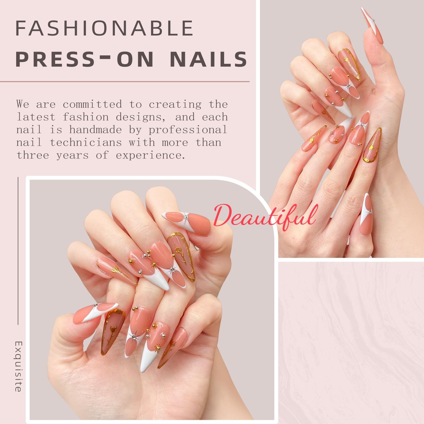 Luxury Long Stiletto Handmade Press-On Nails – Nude Almond Acrylic False Nails with 3D Rhinestones & White French False Nails – Reusable Nail Art(10PCS-M)