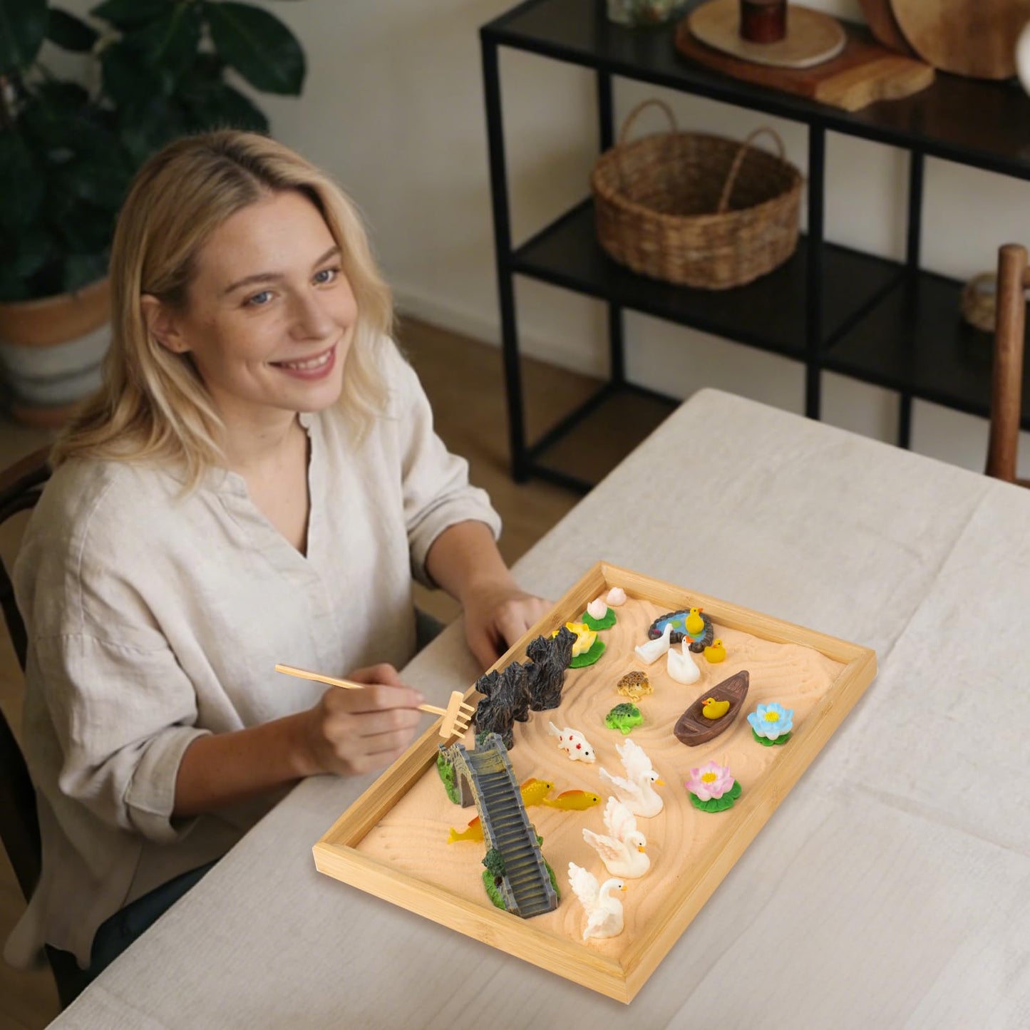 Zen Garden Kit for Desk, Fresh and Vivid Garden Style Sand Tray Therapy kit with Wooden Tray & Rake Garden Accessories, Home, Office Desk＆Meditation Room Decorations for Emotional Wellness