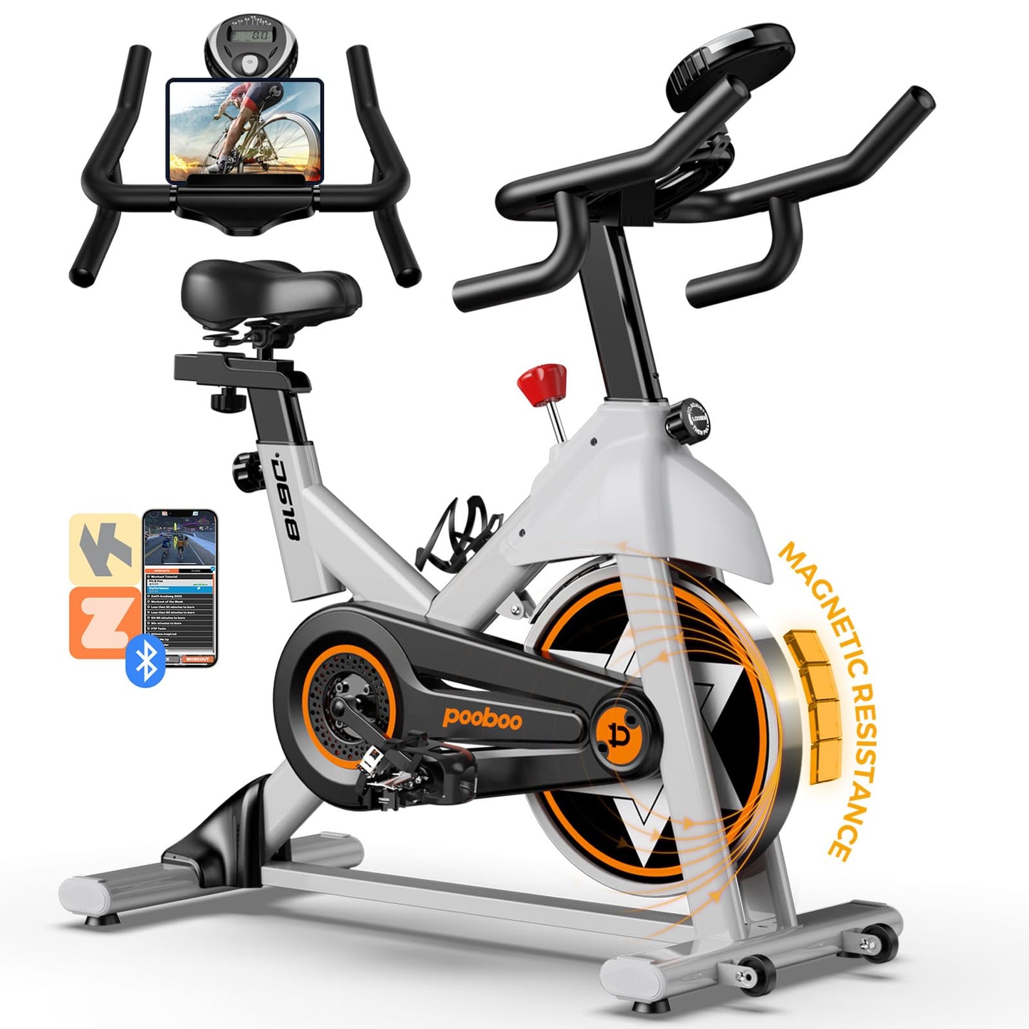 POOBOO Exercise Bike, Stationary Bike for Home Gym w/Built-in Bluetooth, Magnetic Resistance Indoor Cycling Bike w/Comfortable Seat Cushion & Tablet Mount, Silent Belt Drive Indoor Bike for Cardio