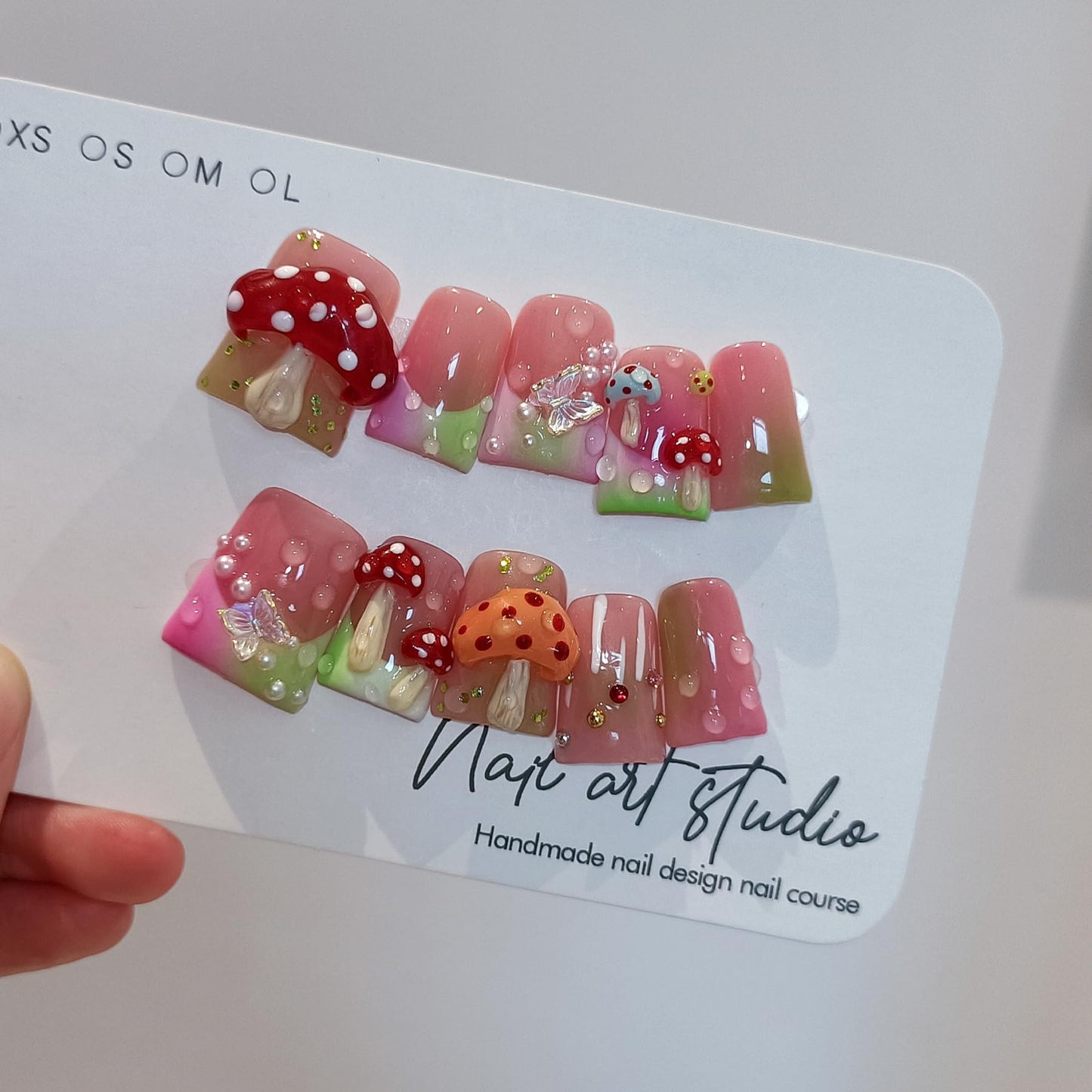TENPAL Duckbill Coffin Ballerina Shape Fake Nails,Ombre French Tips Press on Nails 10 Pcs with Tool Kit,3D Butterfly Mushroom Embossed Design Glue on Nails with Pearl & Rhinestone Cute Fake Nails（S)