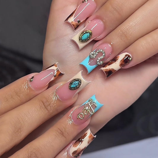 Octoswave Medium Square Press on Nails French Blue Leopard Print with 3D Turquoise Charms Bohemian False Nails for Women and Girls 24Pcs
