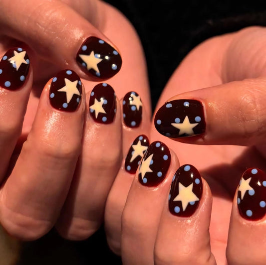 BABALAL Press On Nails, Short Square Fake Nails, Brown with Star & Blue Polka Dot Design, Glossy Retro Western Cowgirl Glue On Nails for Women and Girls 24Pcs