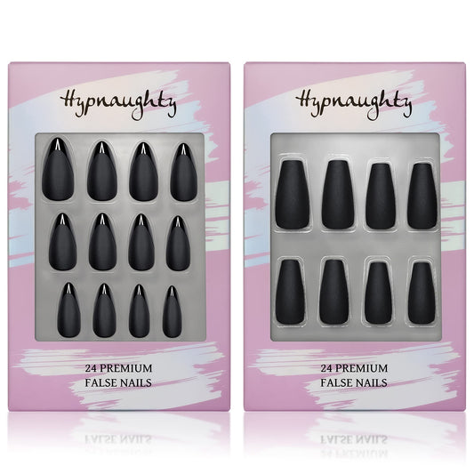 Hypnaughty Press On Nails - Caviar Black Almond & Noir Matte Black Coffin, Trendy & Salon Quality Reusable Nails With Kit