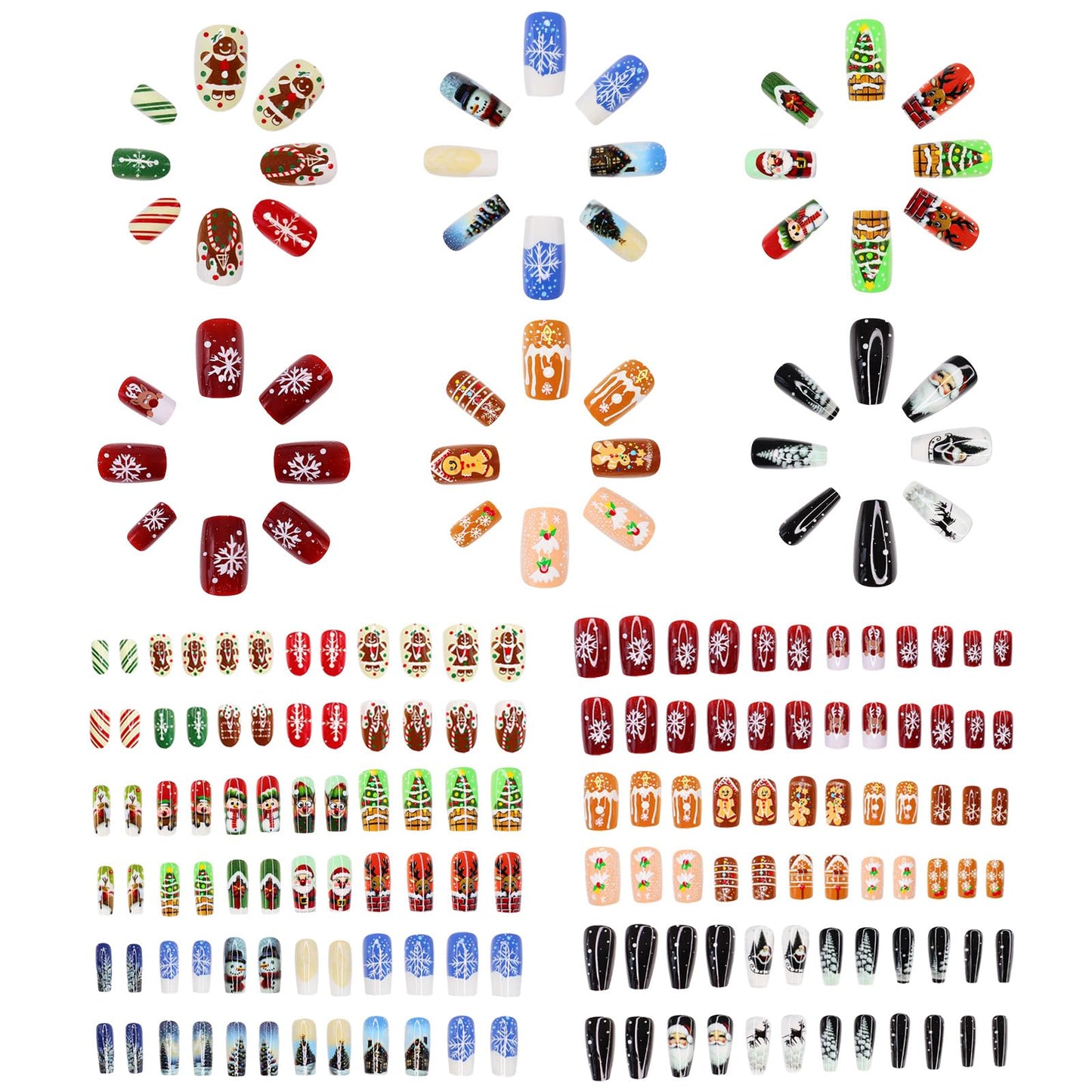 144 Pcs Christmas Press on Nails Kit Glossy False Nails with 6 Styles Designs Full Cover Acrylic Nail Christmas Santa Claus Elk Gingerbread Man Fake Nail Set for Women DIY Manicure Decoration