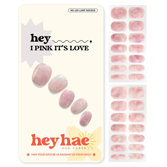 Heyhae Semi Cured Gel Nail Strips | No LED Lamp Needed | Glitter, Pink, Spring | Easy Apply & Remove, Salon Quality | Includes 28 Strips, 1 Prep Pads, Nail File & Wooden Stick - Hey, I Pink It’s Love