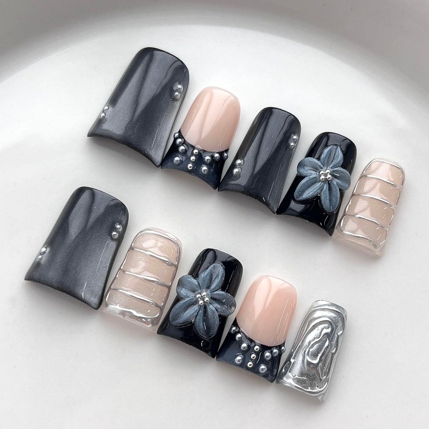 French Tip Press on Nails Handmade Short Duck 3D Flower Thick Acrylic Nails Black Sparkly False Nails with Pearls Silver Chrome Powder Designs Glossy Fake Nail Sturdy Art Press on Nail 10Pcs(M)