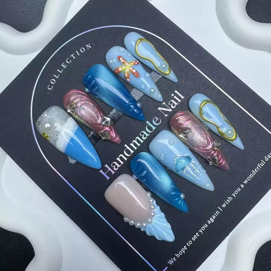 100% 5D Handmade Press on Nails with Charms Long Stiletto Nails Press ons Beach Ocean False Nails Ombre Blue Press on Nails Summer Fake Nails for Women Girls Daily Wear DIY Manicure Size L
