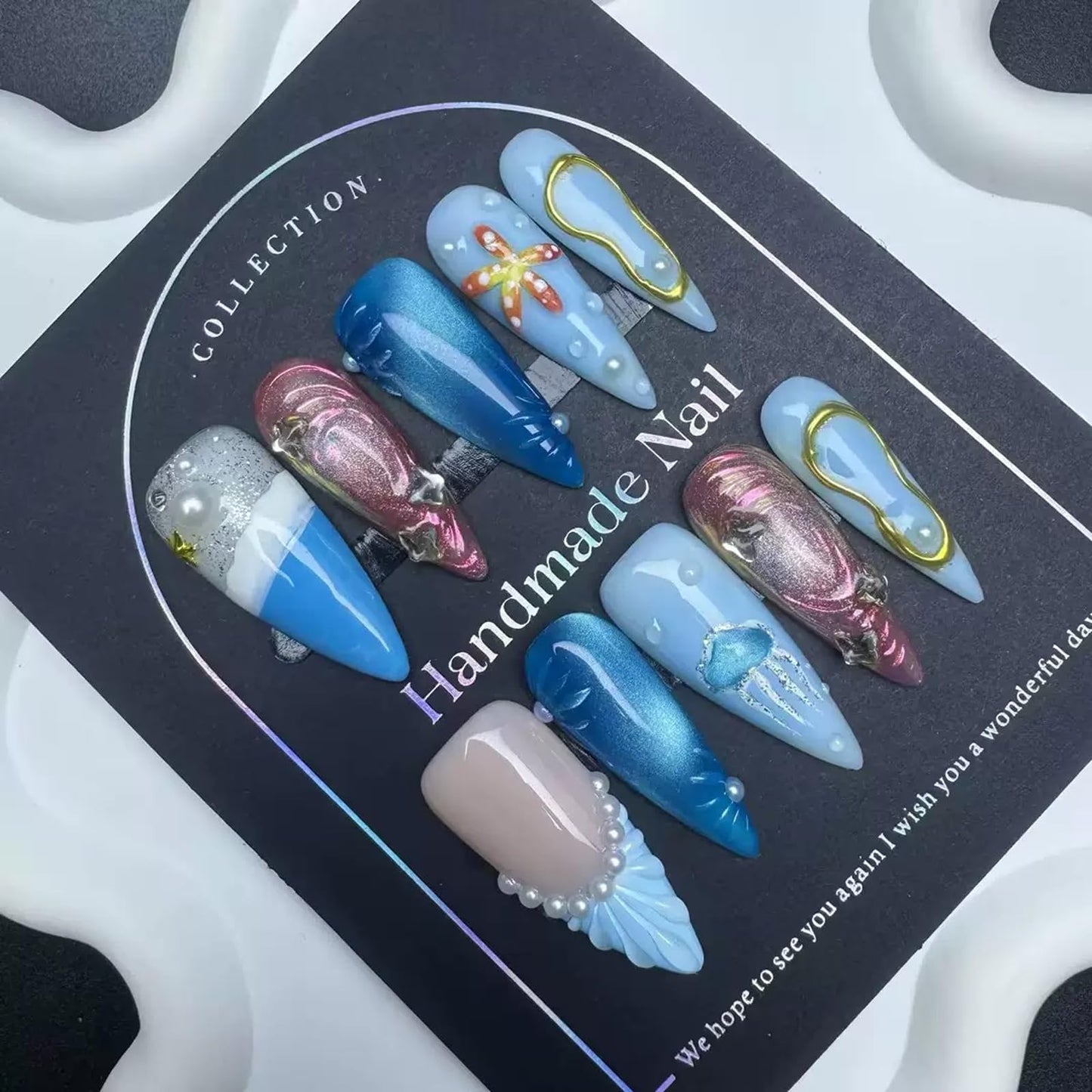 Press On Nails Long Stiletto Handmade Fake Nails with Starfish Design Ocean Glue on Nails Becah False Nails Ombre Blue Summer Handmade Nails Reusable Full Cover for Women Girls Manicure 10PCS Size M