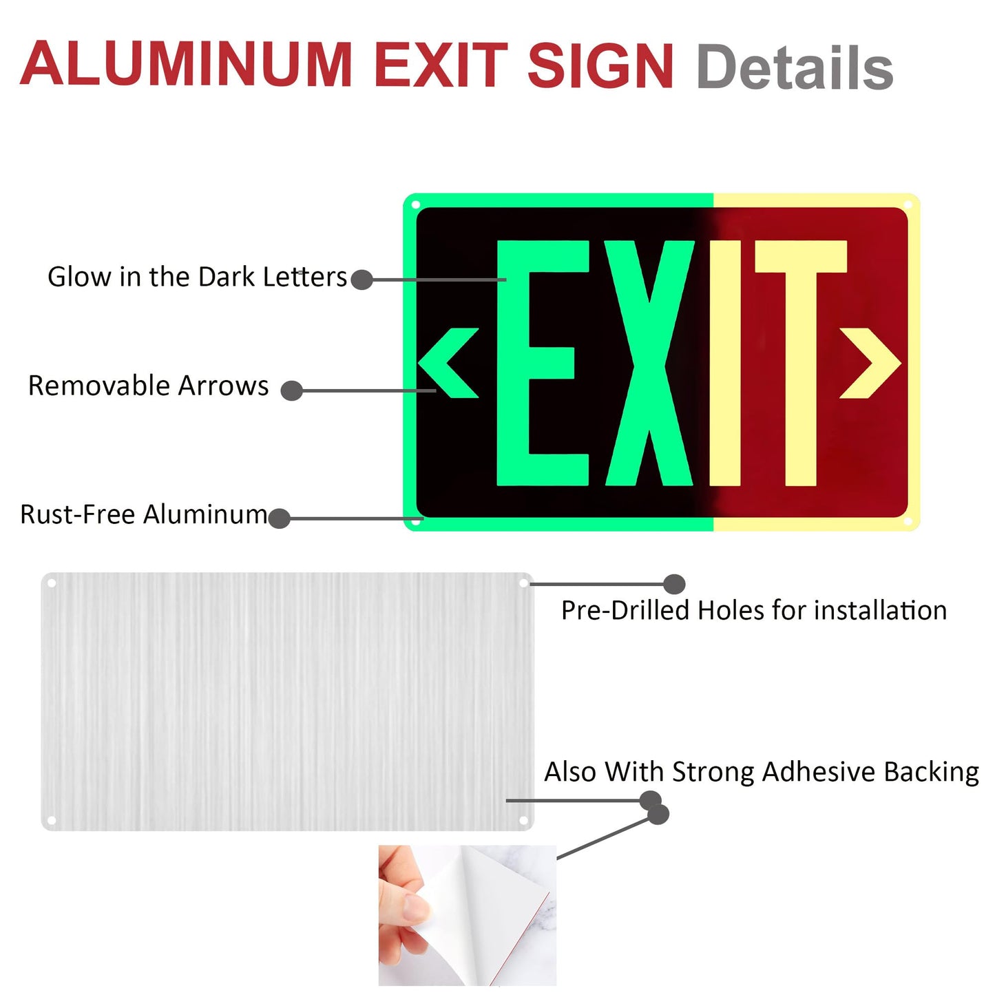 4Pack Photoluminescent Exit Sign Aluminum - 14x10 Inches Glow In Dark Exit Sign with Adhesive Backing - Removable Arrows Included - Non Electrical Red Exit Light For 50 Feet Visibility
