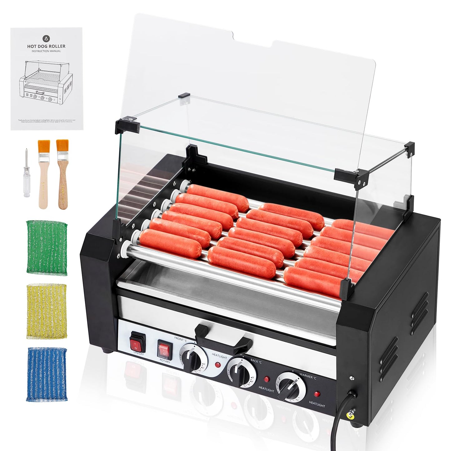 ACONEE Hot Dog Roller, 7 Rollers 18 Hot Dogs Capacity 1350W Stainless Sausage Grill Cooker Machine with Removable Oil Drip Tray Dual Temp Control and Glass Hood Cover, Perfect for Commercial and Party