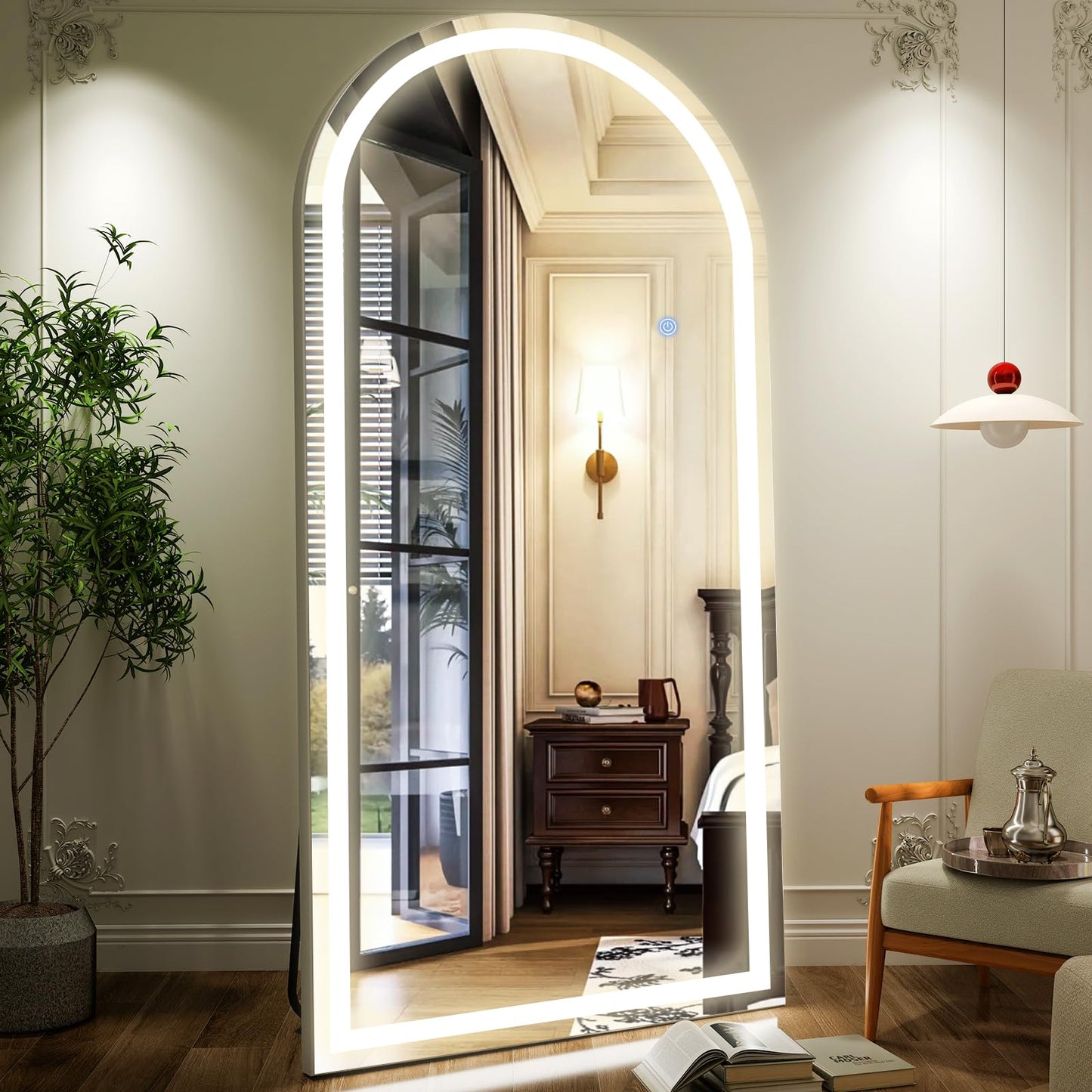 GLSLAND 34"x76" Arched LED Full Length Mirror with Lights Wall Mounted/Standing, Dimmable Floor Lighted Mirrors W/Anti-Fog, Touch Control for Bedroom, Dressing Room