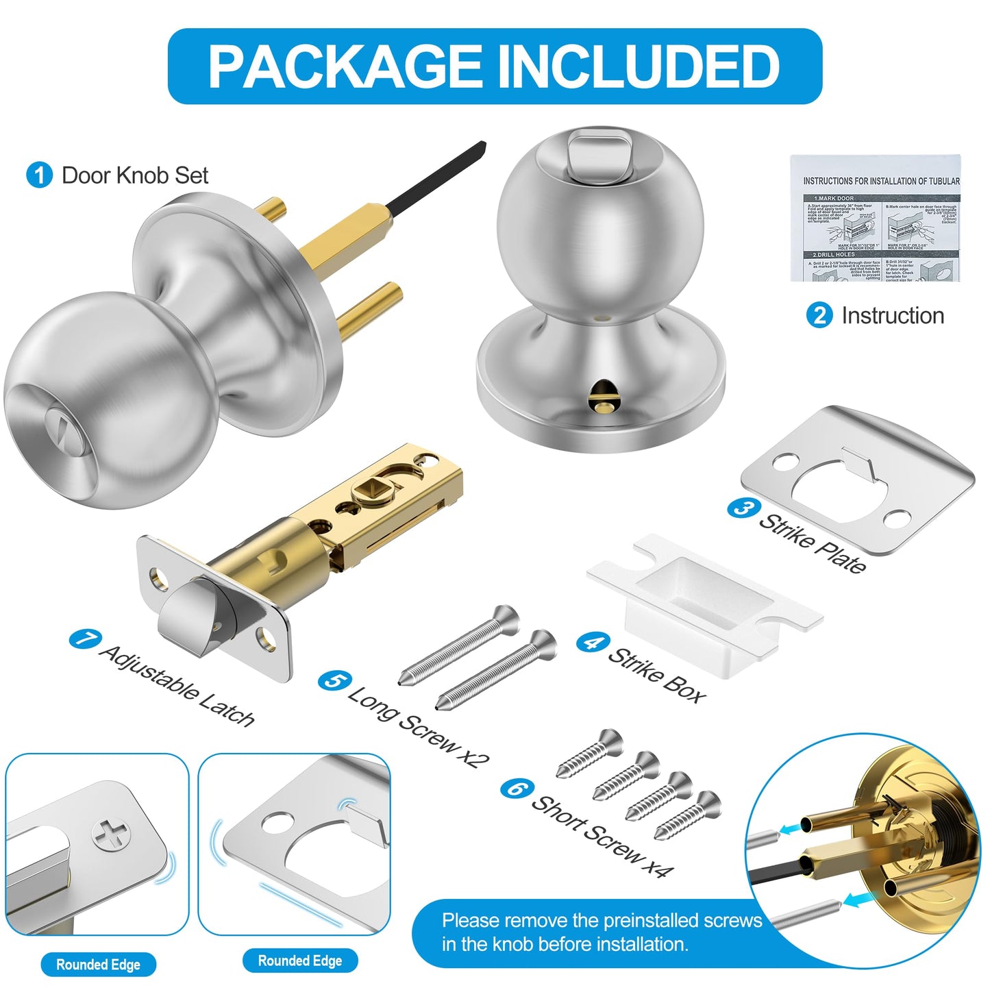 Plustool 5 Pack Privacy Door Knobs Interior, Satin Nickel Doorknob with Lock -ANSI Grade-3 Certified, Keyless Door Locks for Bedroom,Bathroom, Modern Heavy Duty Handle with Round Ball, Easy to Install