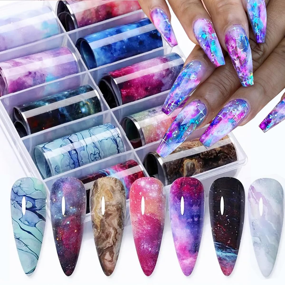 Marble Print Nail Art Foils Transfer Stickers 10PCS Marble Galaxy Pattern Nail Foils Adhesive Decals Nails Art Supplies Glossy Starry Sky Paper Transfer Slider for Women DIY Manicure Decorations
