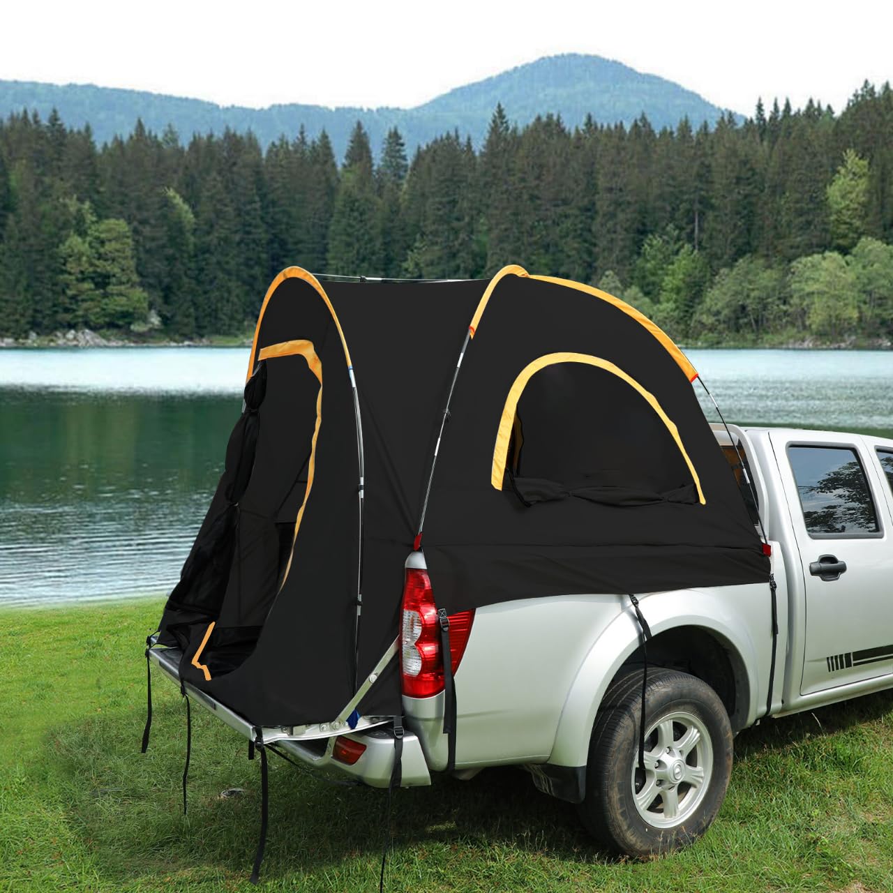 HREFEU Pickup Truck Blackout Tent, Portable Truck Bed Tent for Camping, Waterproof PU2000mm Double Layer for 2 Person, Compact and Full Size Regular Bed Long Bed (Black) (5.0-5.2)