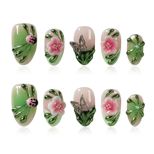 Tesytto Press On Nails Short Almond Handmade 3D Flower Metallic Butterflies Fake Nails, Green Chrome Ladybug Design French False Nails for Spring Party Daily Wear (Spring Green Pastel Garden,L)