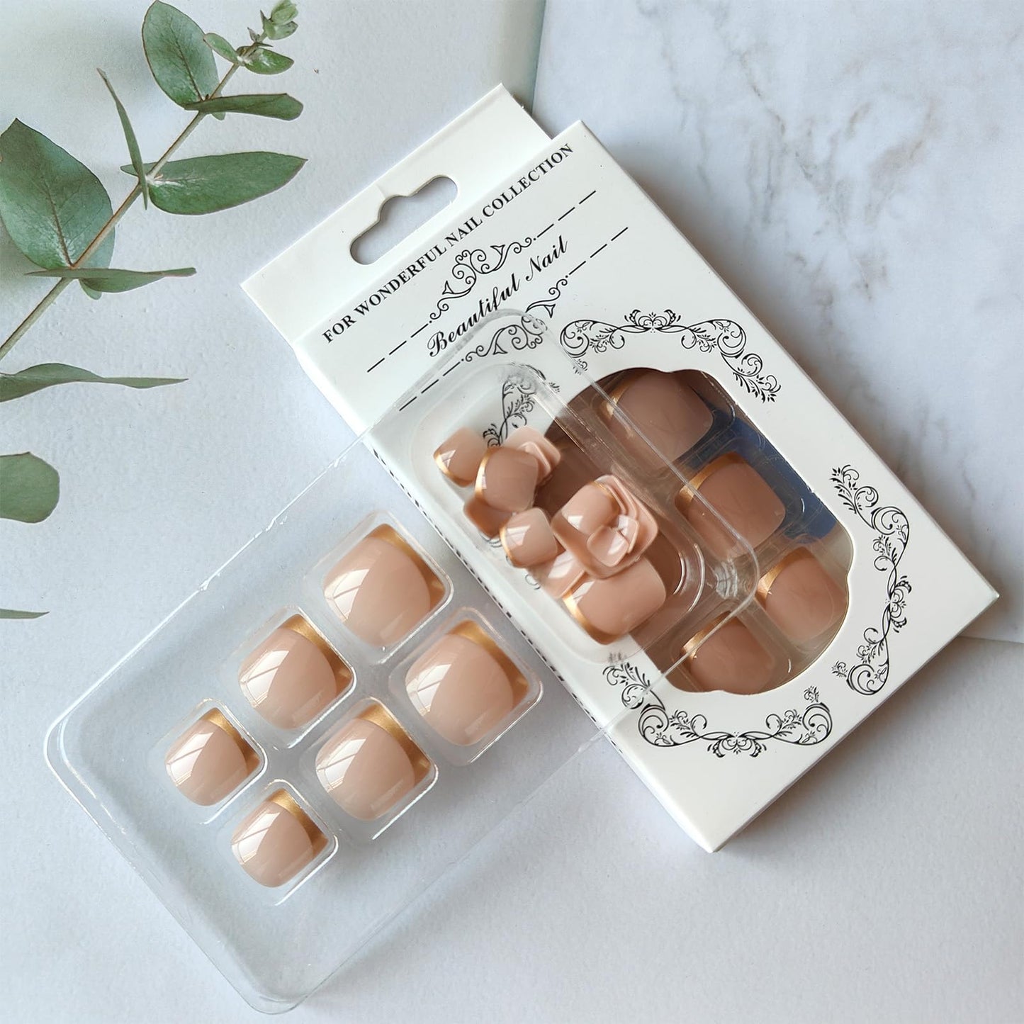 Gold French Tip Press on Toenails Short Square Fake Toe Nails Glossy Acrylic Toe Nail Press ons Reusable Toenails Press on Nails Artificial Glue on Toe Nails for Women 24Pcs
