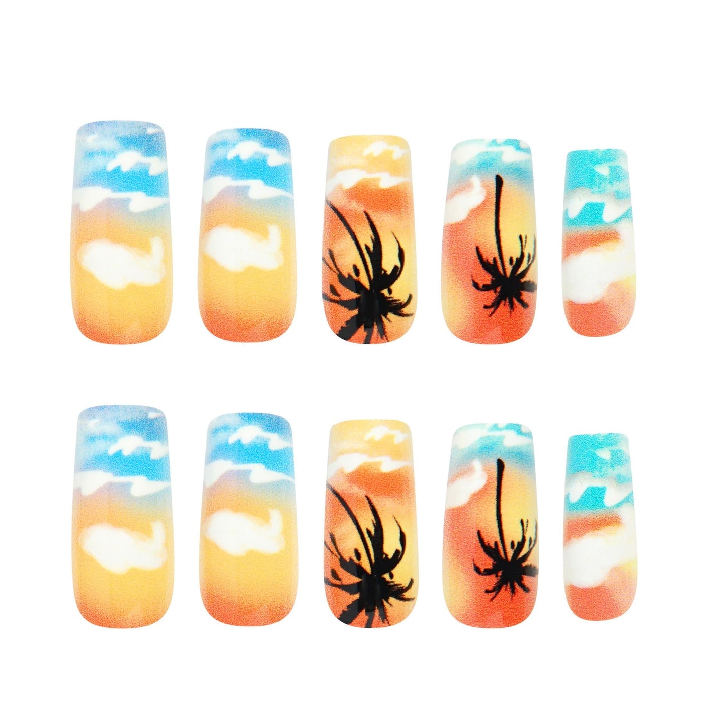 CTTHNBD Press on Nails Medium - Coffin Fake Nails with Beach Coconut Tree Design - Colorful, Summer False Nails Press ons - for Women 24 Pcs