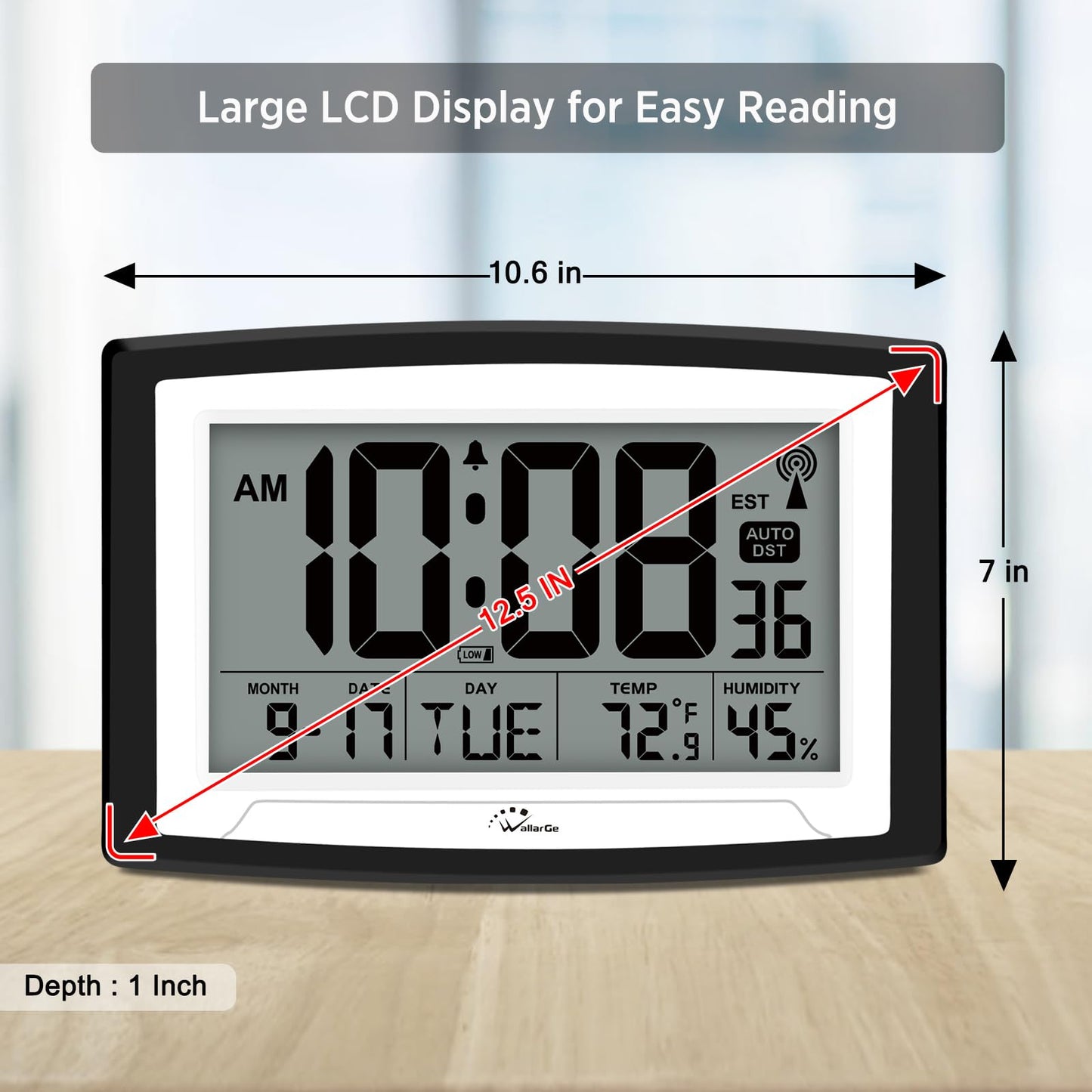WallarGe Atomic Clock with Indoor Temperature and Humidity, 12.5 Inch Self-Setting Digital Wall Clock or Desk Clock, Battery Operated Digital Clock Large Display for Seniors, Auto DST