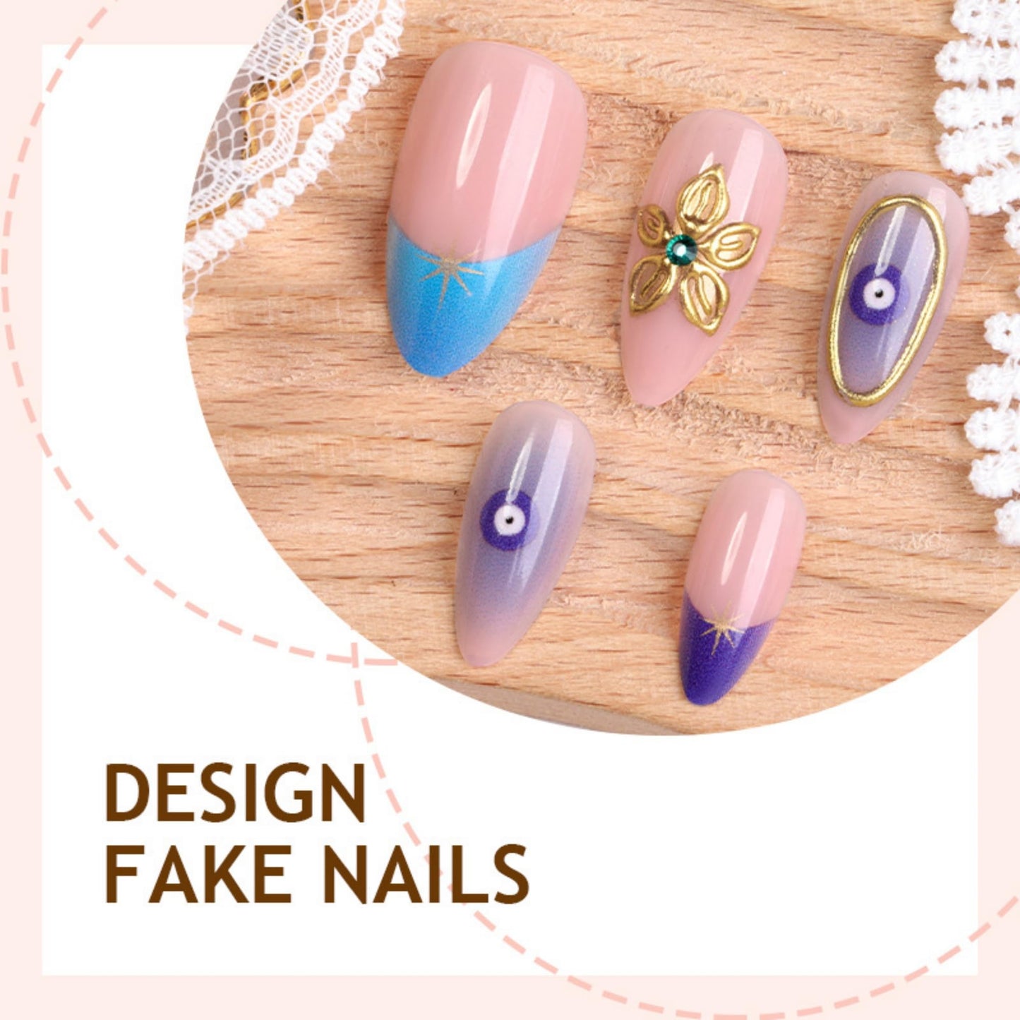 octoswave Press on Nails Medium Almond Fake Nails Blue French Artificial Nail Flowers and Gold Charm Stick on Nail for Women 24pcs