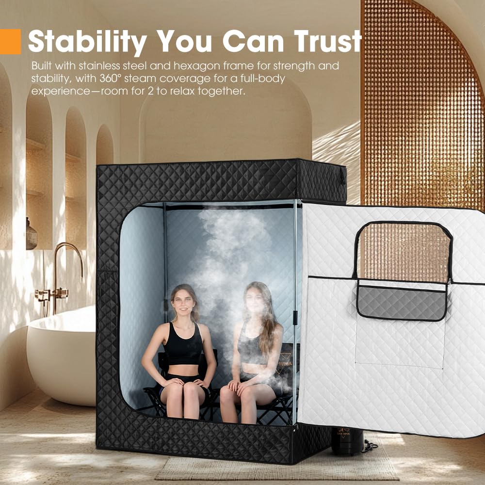 SAN HIMA Portable Sauna for Home - 2 Person Red Light Therapy Steam Sauna Box at Home Spa with 3L 1500W Steamer, 9 Levels Heat, 90 Minute Timer, Foldable Chair, Remote Control for Indoor Outdoor