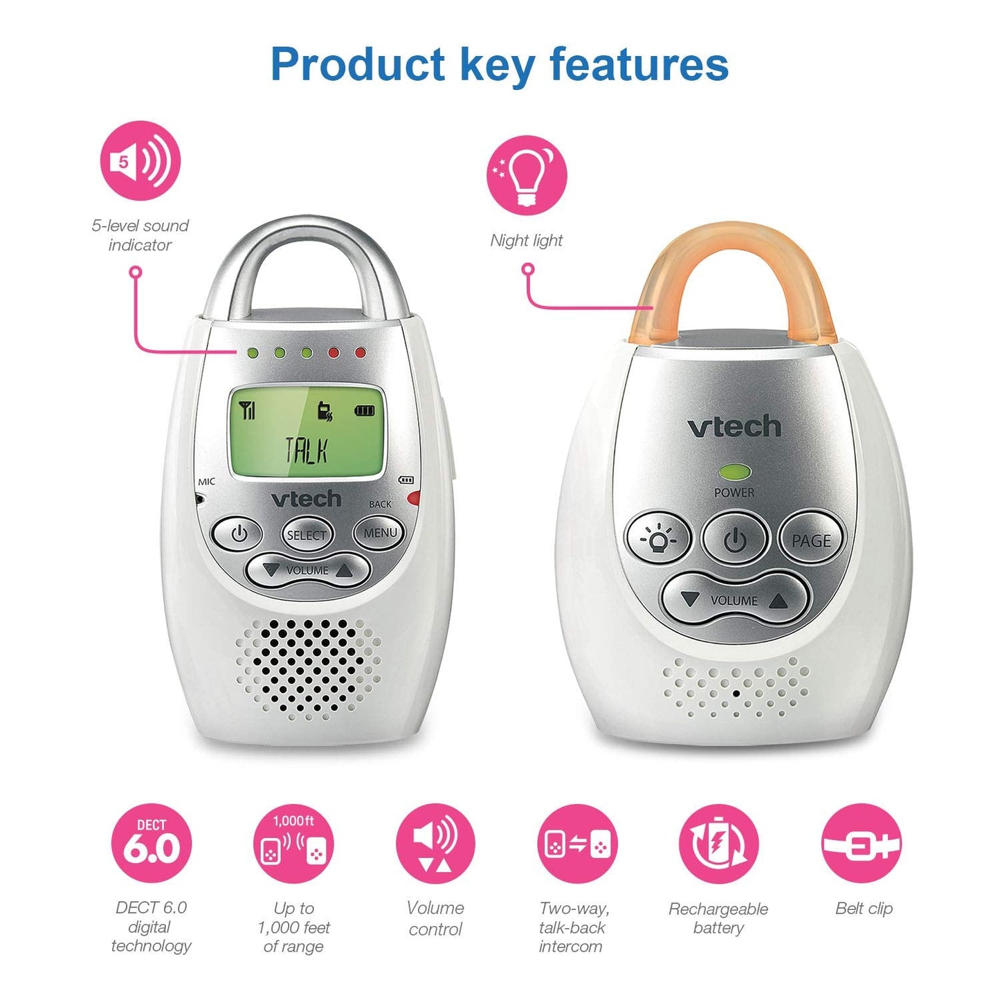 VTech DM221-2 Audio Baby Monitor with up to 1,000 ft of Range, Vibrating Sound-Alert & DM221 Audio Baby Monitor with up to 1,000 ft of Range, Vibrating Sound-Alert, Talk Back Intercom