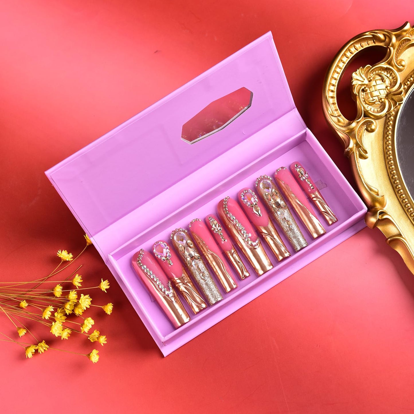 Tmani 10pc/set Extra Long Handmade Press On Nail Hot Girl's Long Ballet Nails Square Nail Full of Diamond Glitter Decoration Fake Nails Suitable For Girls Festival Parties and Birthday Gift (289,L)