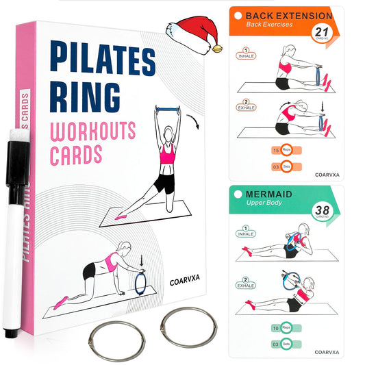 COARVXA Pilates Ring Workouts for Women-58 Exercise Cards with Pilates Mat Workout Postures，ncludes 4-Week Challenge,2 Rings& Dry-Erase for Easy Organization-Home, Gym or Studio