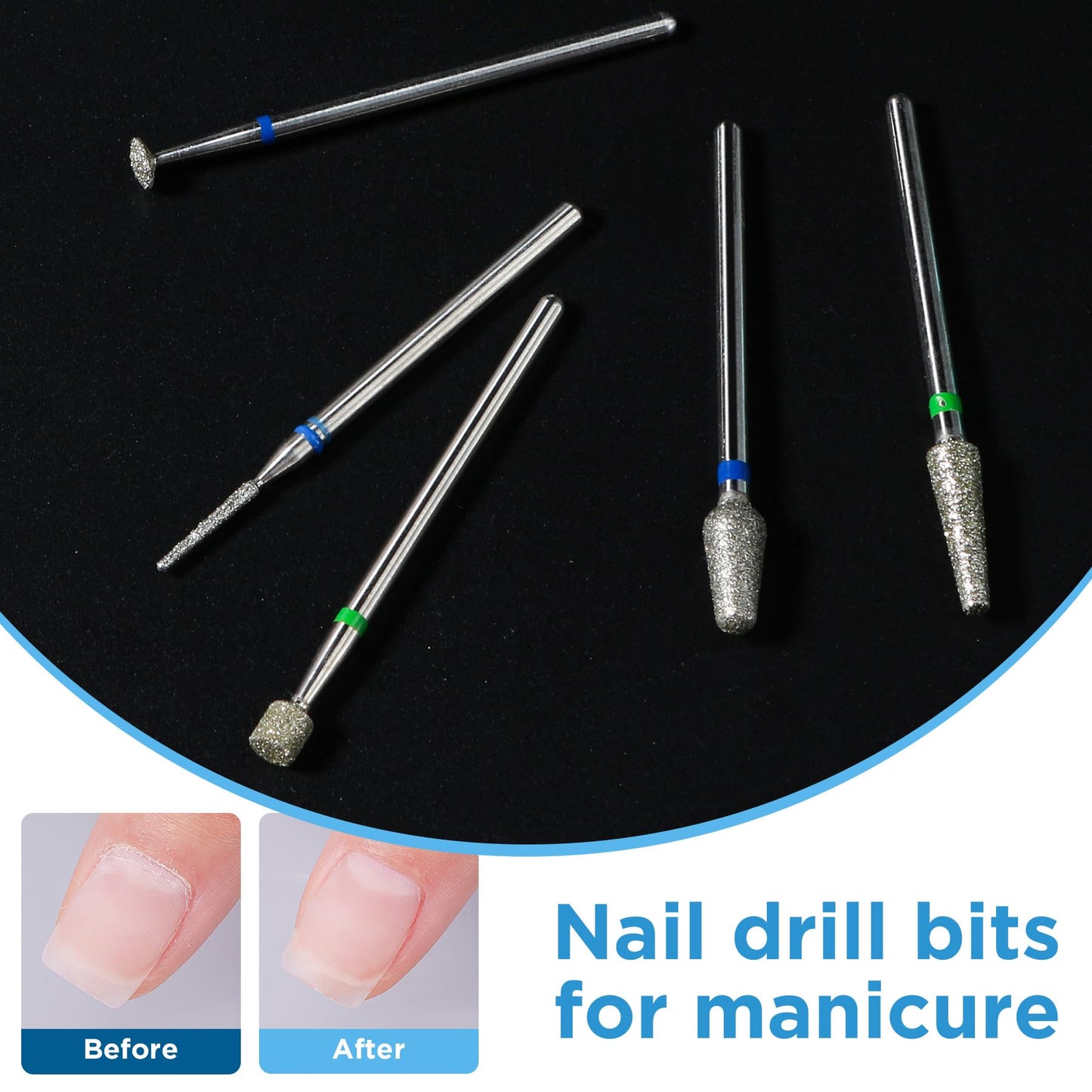 QUNZHAO 5Pcs Diamond Nail Drill Bits Sets Emery tool, 3/32'' Professional Drill Machine Accessories for Under Nail Dead Skin Cleaning(Green 02 set)