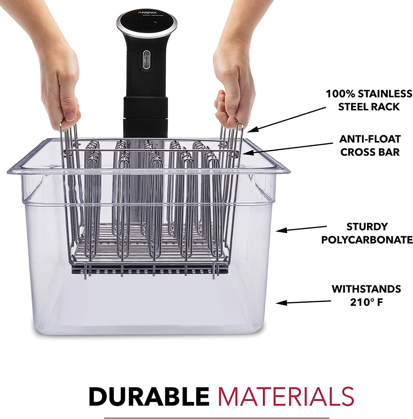 VÄESKE Professional Large Sous Vide Container with Lid, 2 Sous Vide Racks & Insulating Sleeve | Neoprene Retains Heat | Compatible with Anova, Nano, Inkbird, Most Sous Vide Cookers (26 QT)