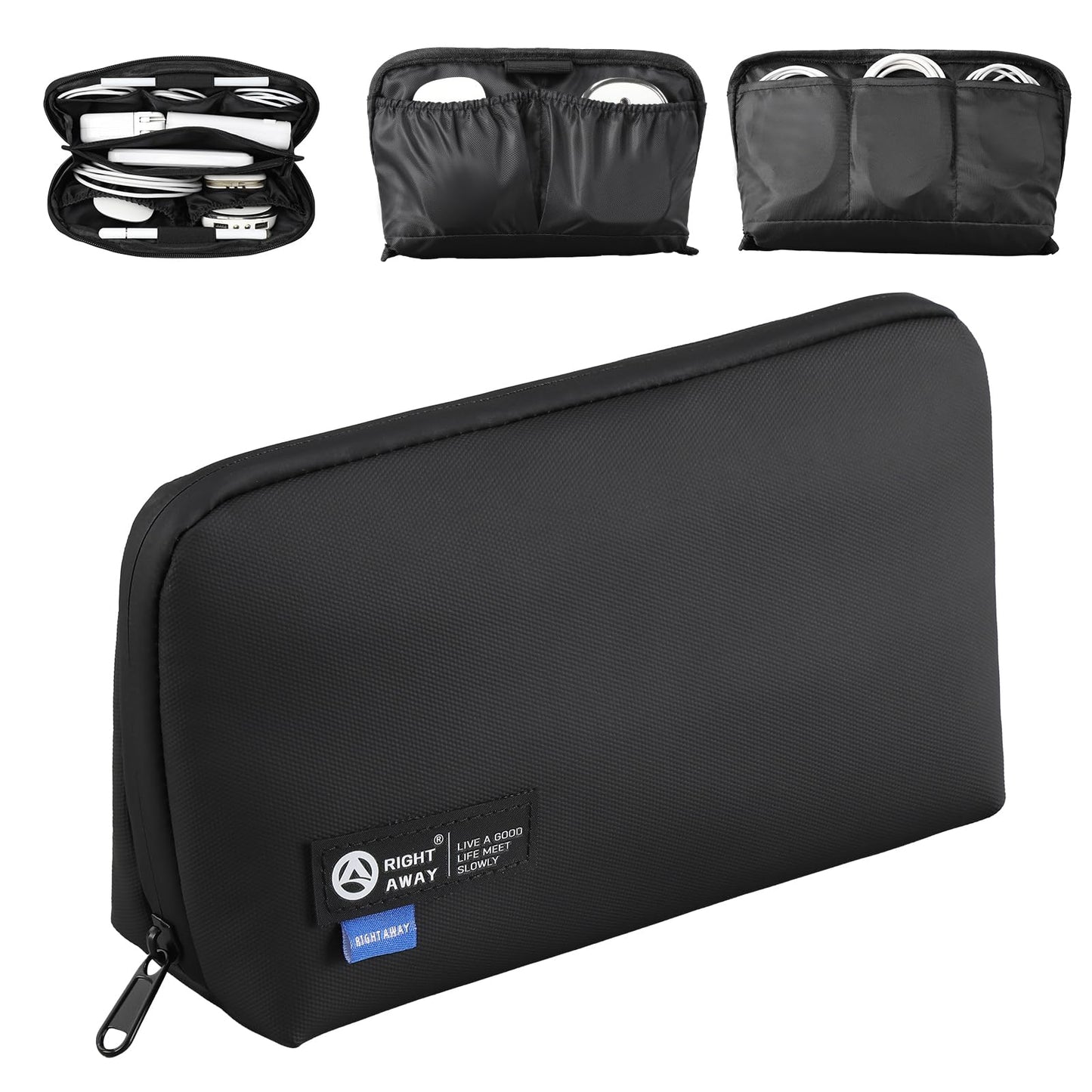 RIGHT AWAY Travel Tech Pouch，Waterproof Cord Case，Electronics Organizer Travel Case，Cable Organizer Storage Bag For Phone, Charger, Accessories(BLACK)