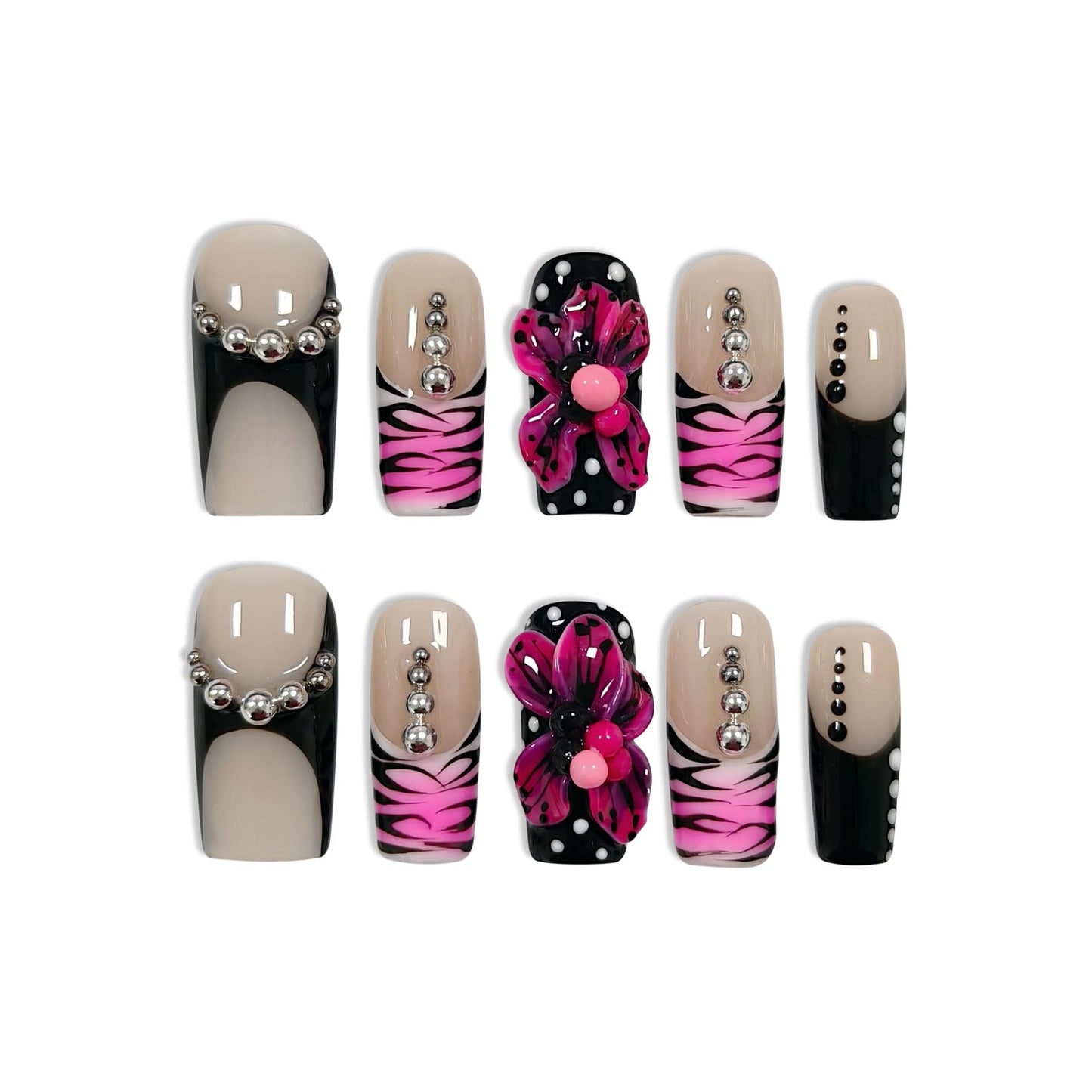 TENPAL Purple Leopard Print French Tip Handmade Press on Nails Medium Coffin 3D Steel Bead Hand Painted Sweet Sexy Reusable Salon Acrylic False Nails for Women Daily Wear 10PCS(L)