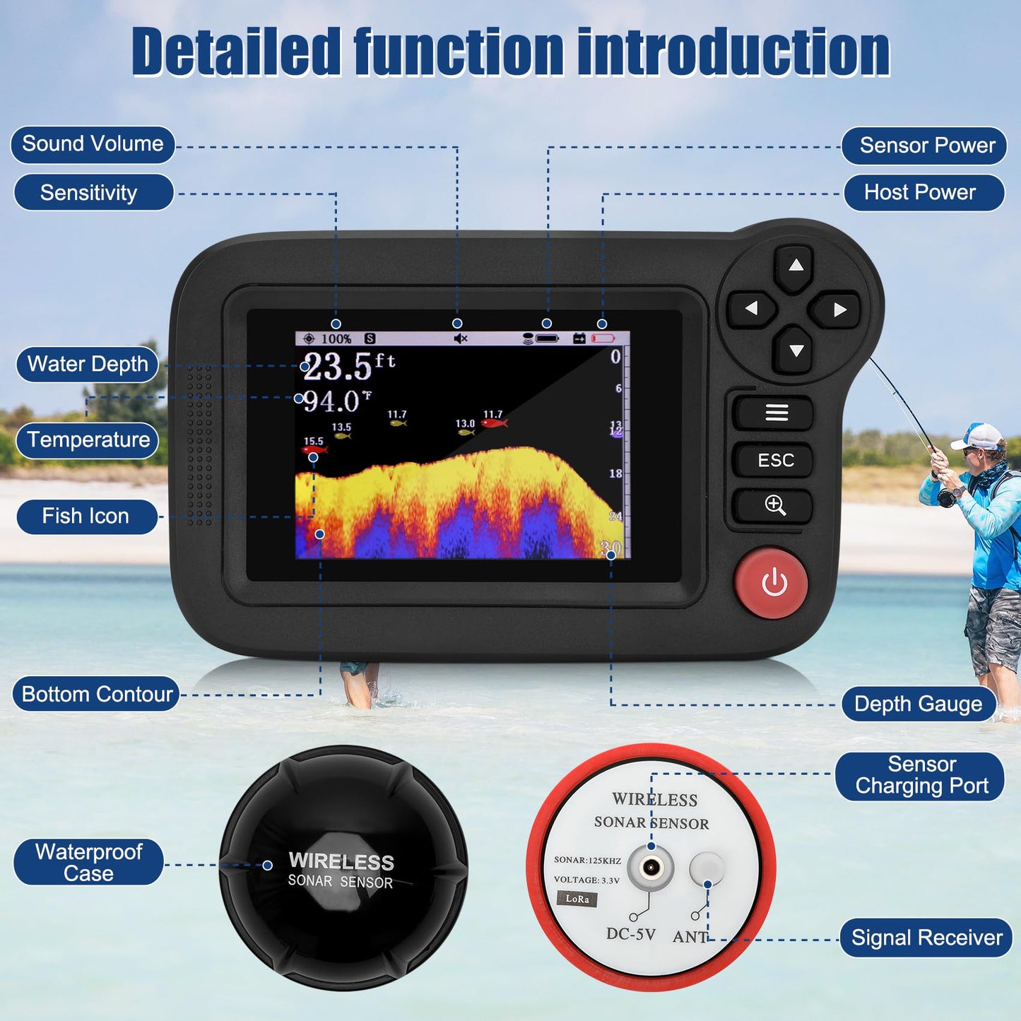 Portable Rechargeable Fish Finder, Wireless Sonar FishFinder, Castable Kayak Depth Finder with 105° Beam Angle and TFT LCD Display, 2.6-164 FT of Depth Locator, for Shore, Sea ＆ Ice Fishing