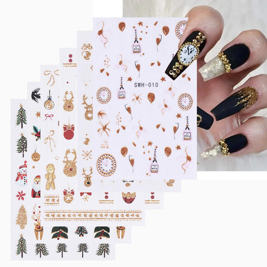 Christmas Nail Stickers Gold Clock Nail Art Stickers Self Adhesive Elk Snowflake Nail Decals Winter Xmas Bow Gingerbread Man Nail Art Supplies Christmas Tree Nail Design for Women 6 Sheets